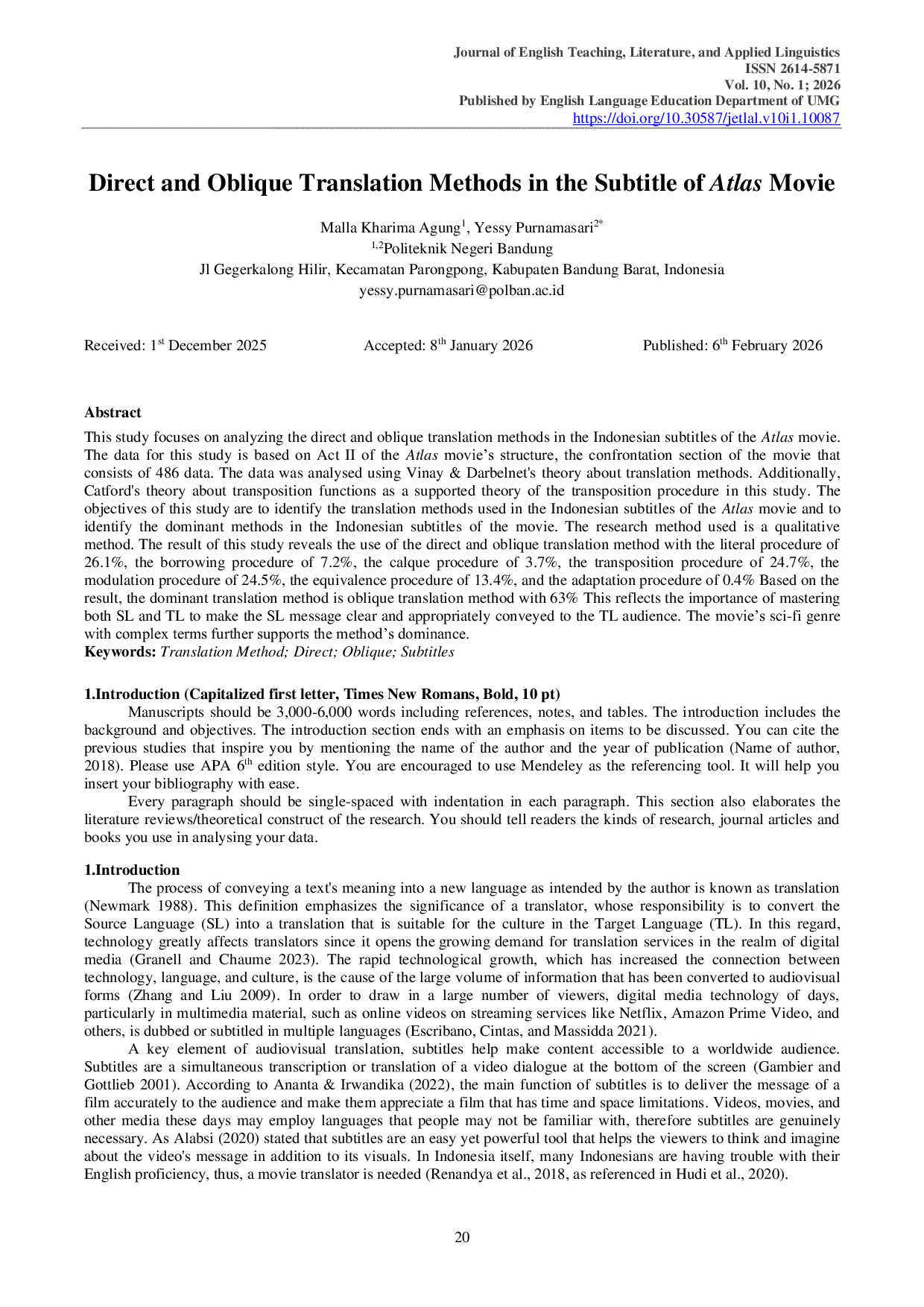 JURIS Direct and Oblique Translation Methods in the Subtitle of Atlas Movie