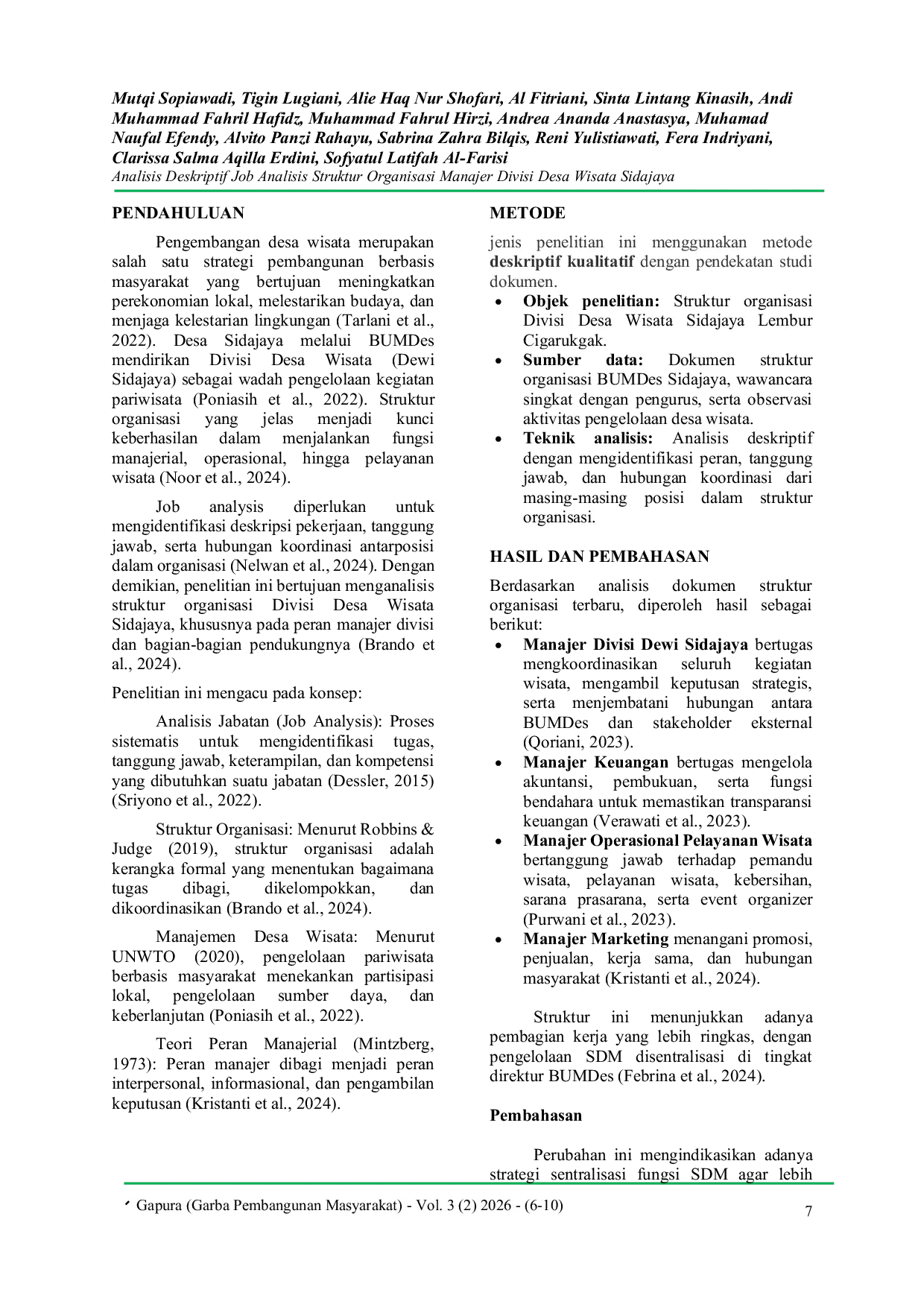 JURIS Analisis Deskriptif Job Analisis Struktur Organisasi Manajer Divisi Desa Wisata Sidajaya Indonesia