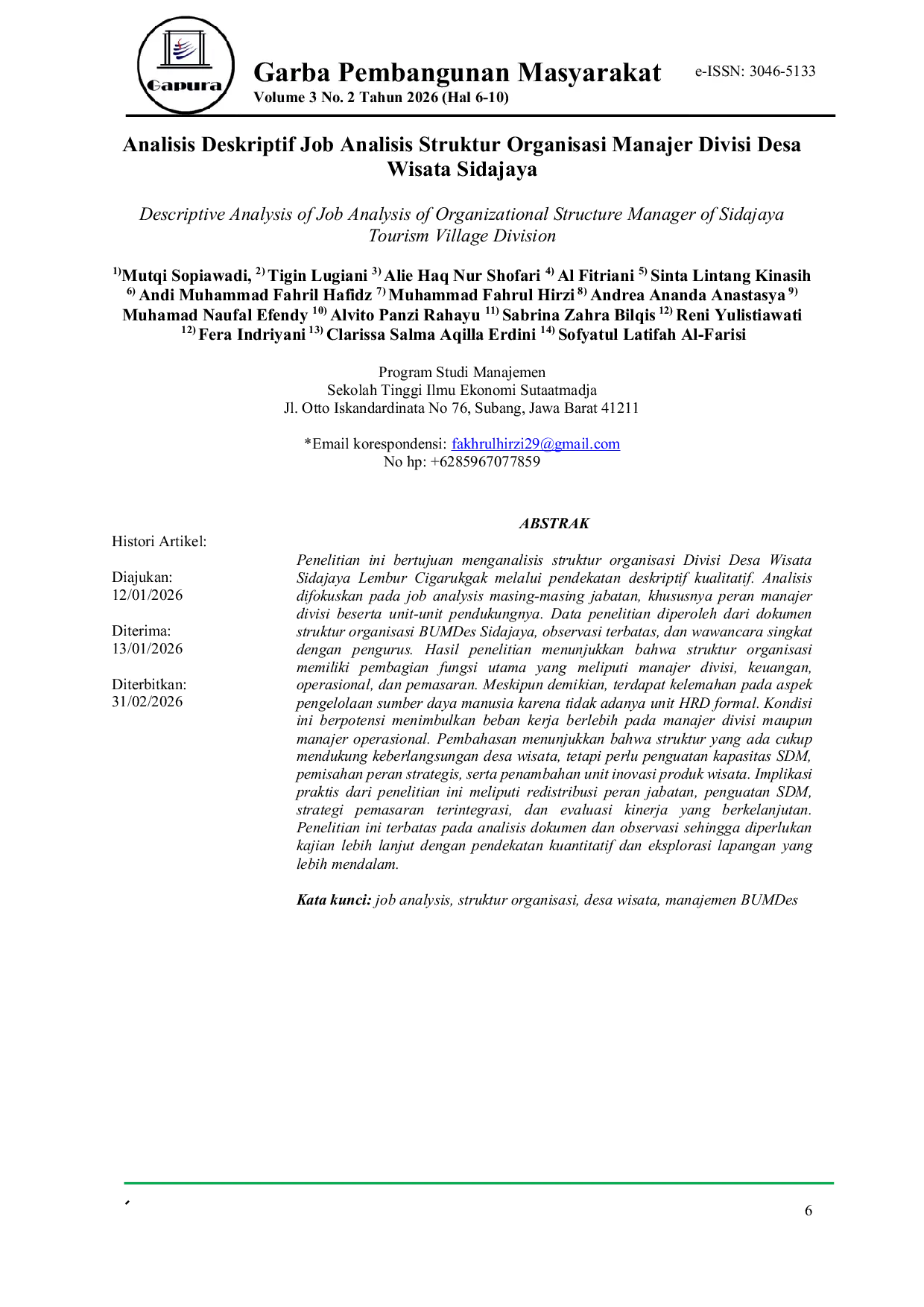 JURIS Analisis Deskriptif Job Analisis Struktur Organisasi Manajer Divisi Desa Wisata Sidajaya Indonesia