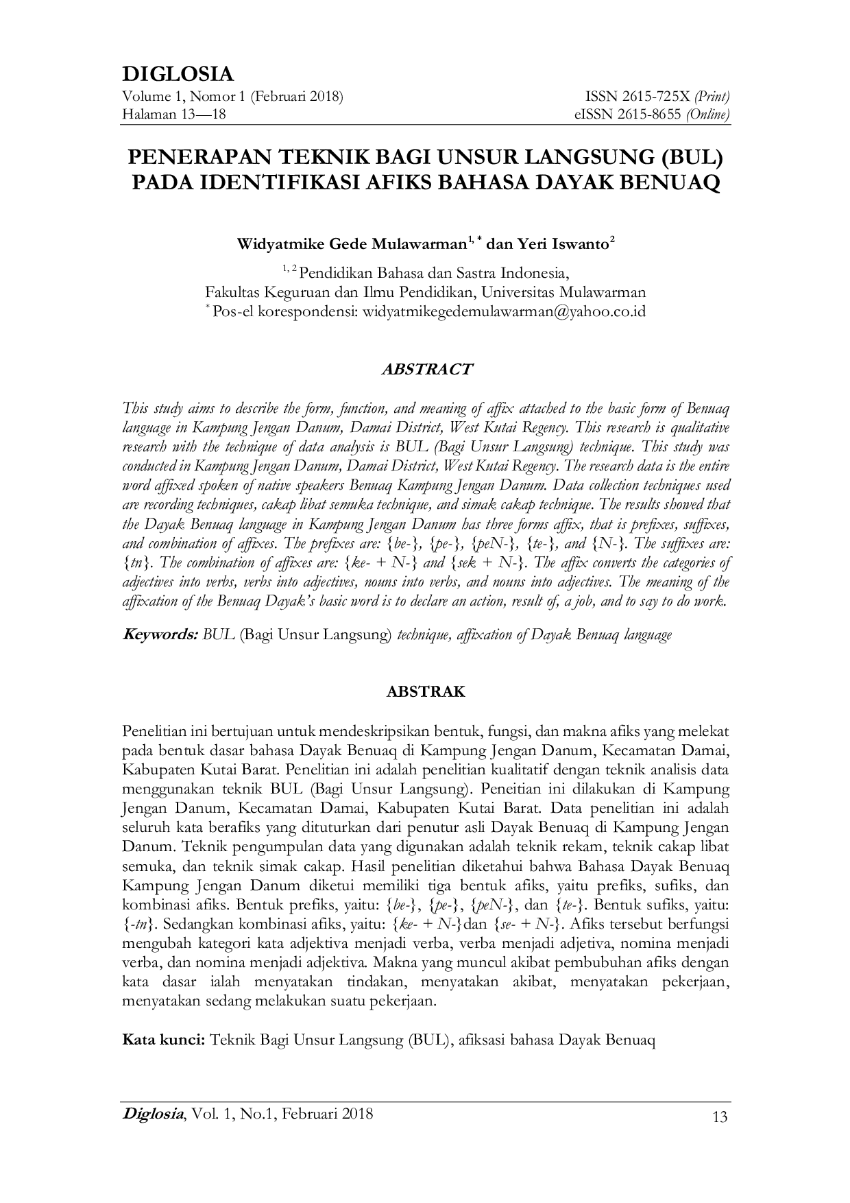 JURIS Penerapan Teknik Bagi Unsur Langsung BUL pada Identifikasi Afiks Bahasa Dayak Benuaq