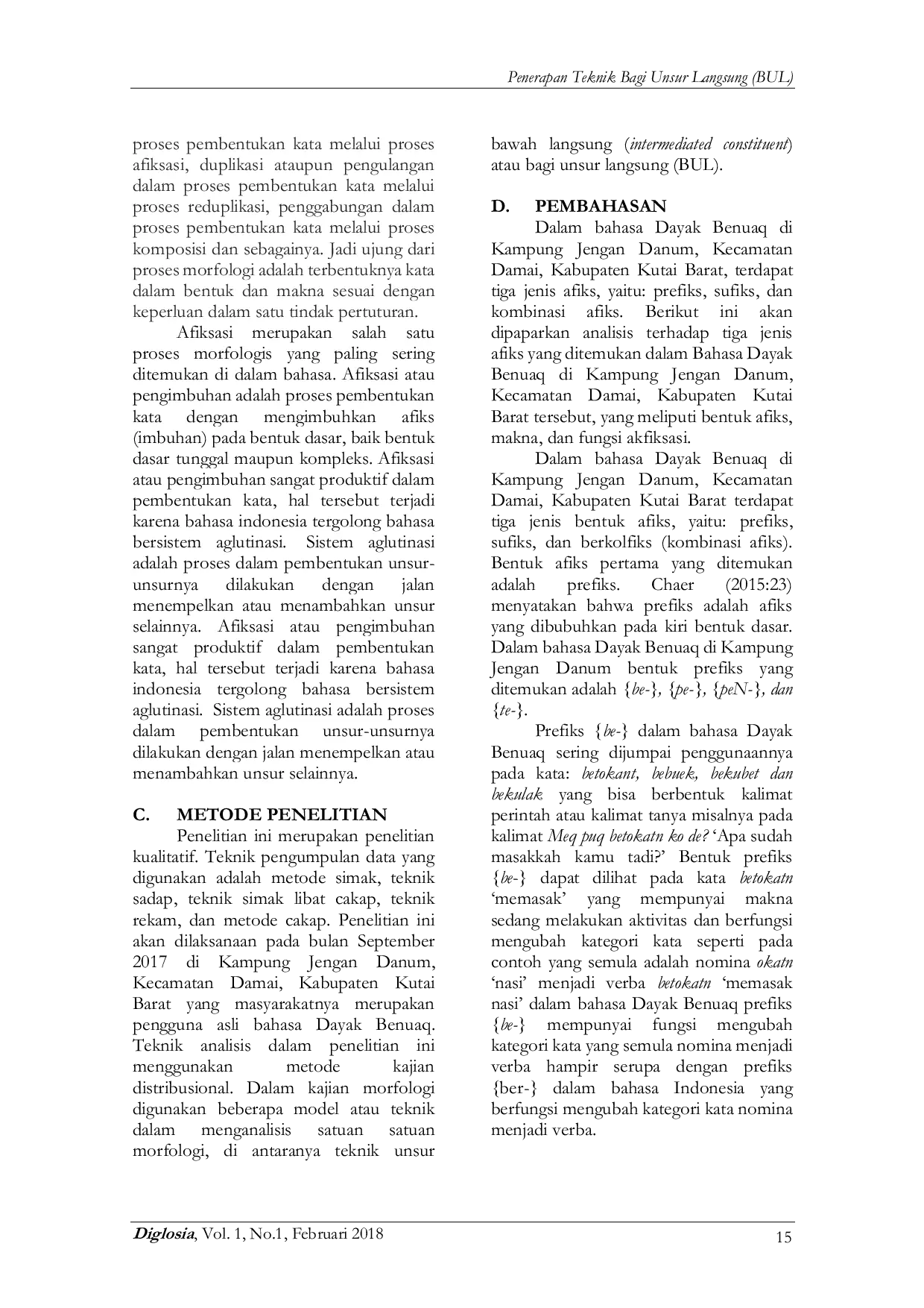 JURIS Penerapan Teknik Bagi Unsur Langsung BUL pada Identifikasi Afiks Bahasa Dayak Benuaq