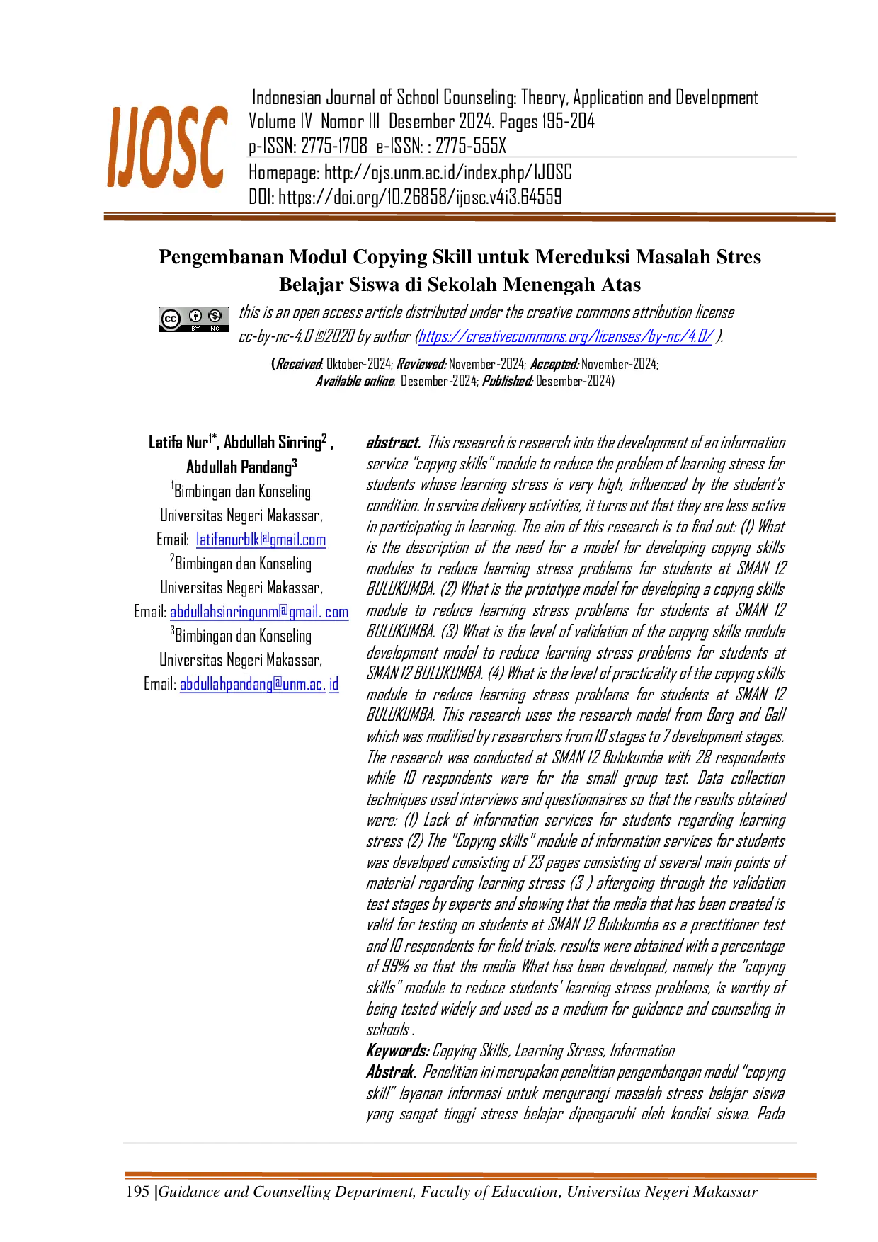 JURIS Pengembanan Modul Copying Skill untuk Mereduksi Masalah Stres Belajar Siswa di Sekolah Menengah Atas