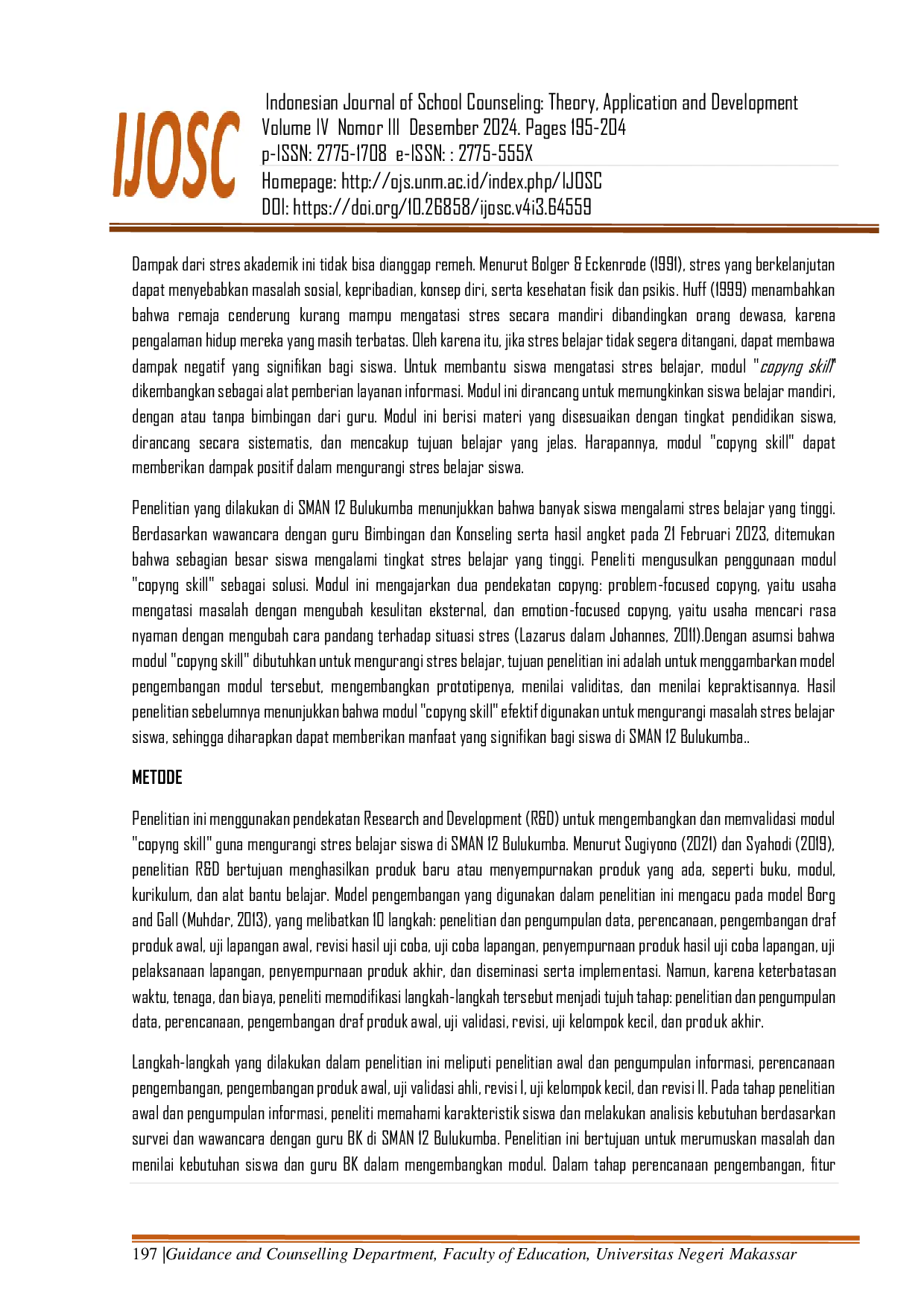 JURIS Pengembanan Modul Copying Skill untuk Mereduksi Masalah Stres Belajar Siswa di Sekolah Menengah Atas