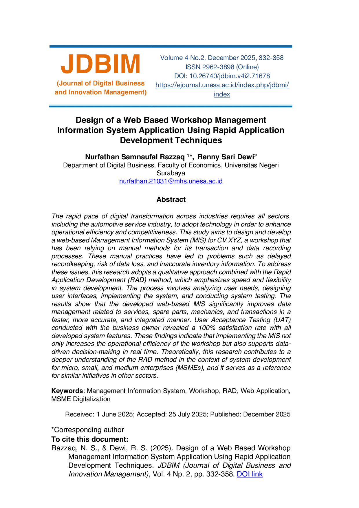 JURIS Design of a Web Based Workshop Management Information System Application Using Rapid Application Development Techniques