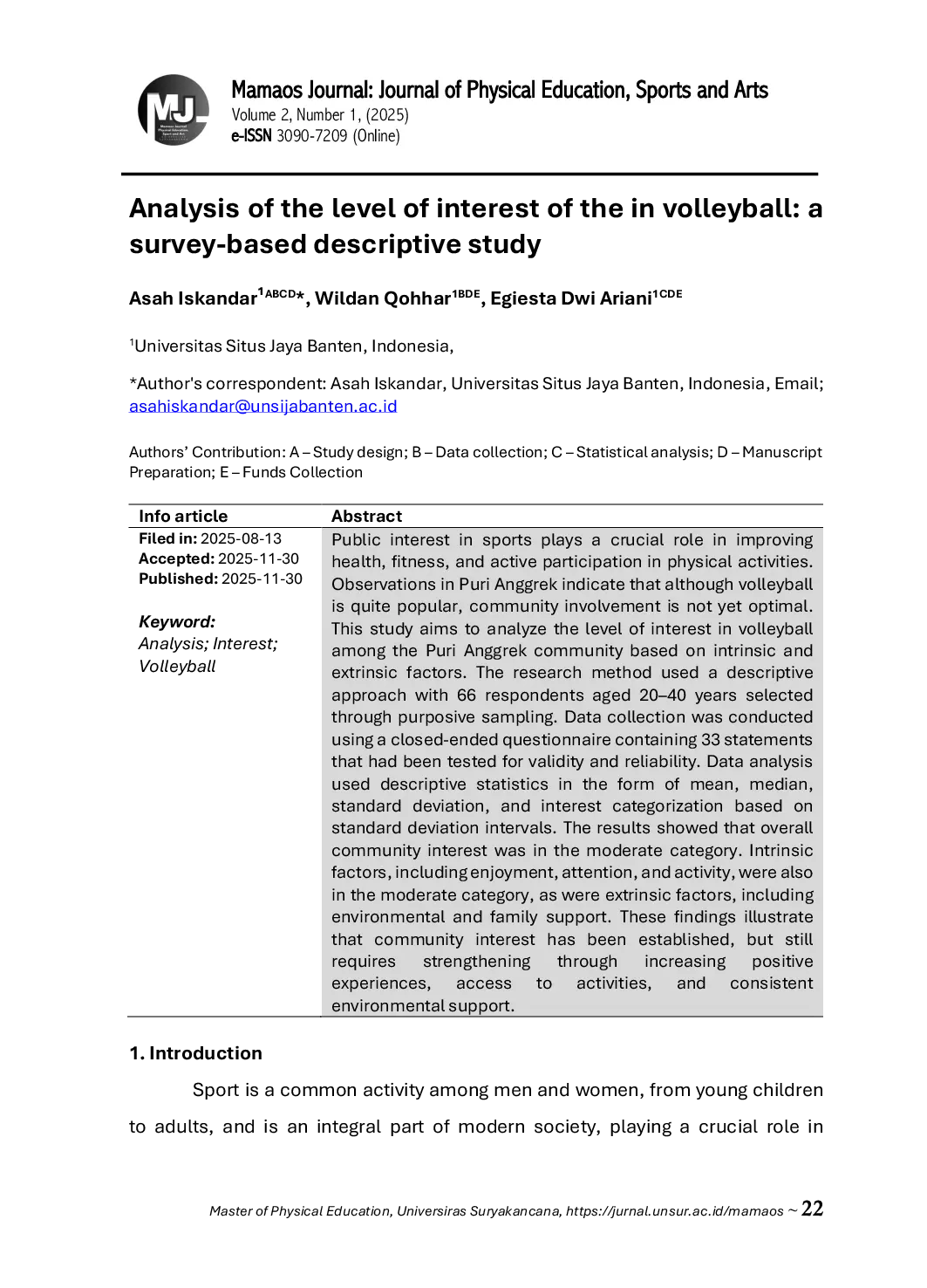 JURIS Analysis of the Level of Interest of the Cipocok Jaya Community in Volleyball A Survey Based Descriptive Study
