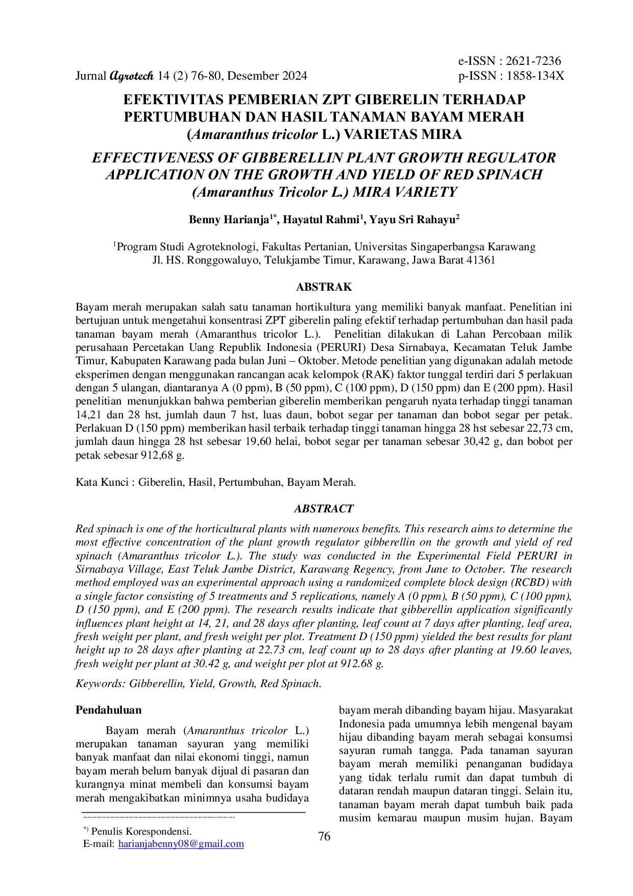 JURIS Efektivitas Pemberian Zpt Giberelin Terhadap Pertumbuhan Dan Hasil Tanaman Bayam Merah Amaranthus Tricolor L Varietas Mira