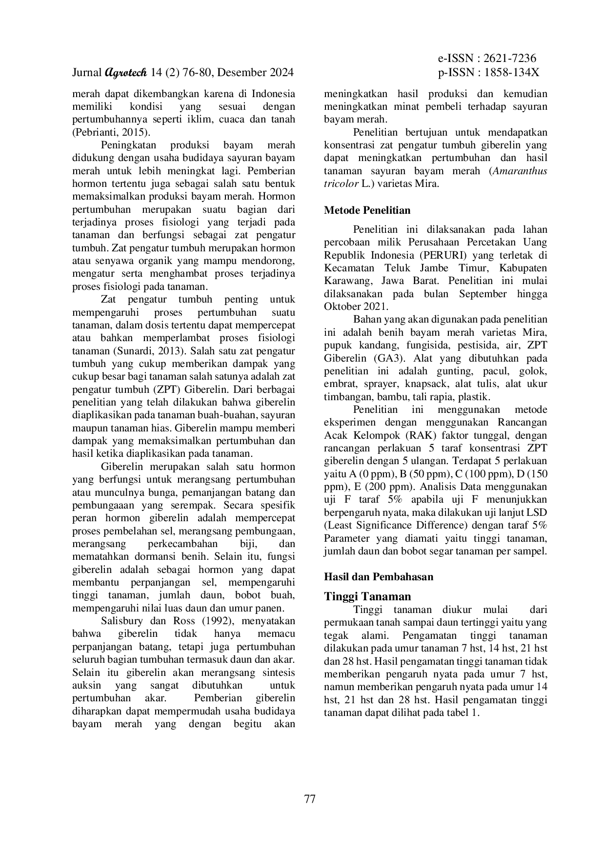 JURIS Efektivitas Pemberian Zpt Giberelin Terhadap Pertumbuhan Dan Hasil Tanaman Bayam Merah Amaranthus Tricolor L Varietas Mira