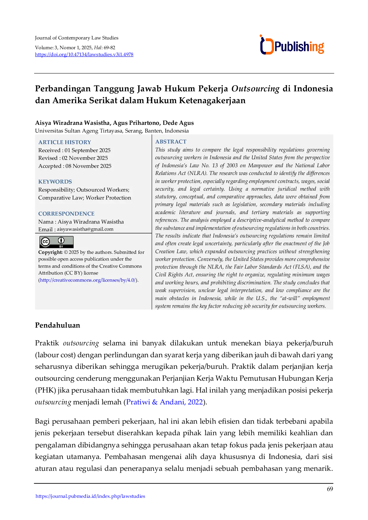 JURIS Perbandingan Tanggung Jawab Hukum Pekerja Outsourcing di Indonesia dan Amerika Serikat dalam Hukum Ketenagakerjaan