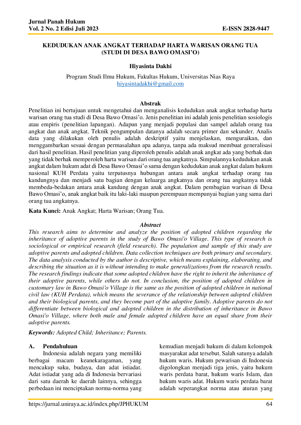 JURIS Kedudukan Anak Angkat Terhadap Harta Warisan Orang Tua Studi di Desa Bawo Omasi o