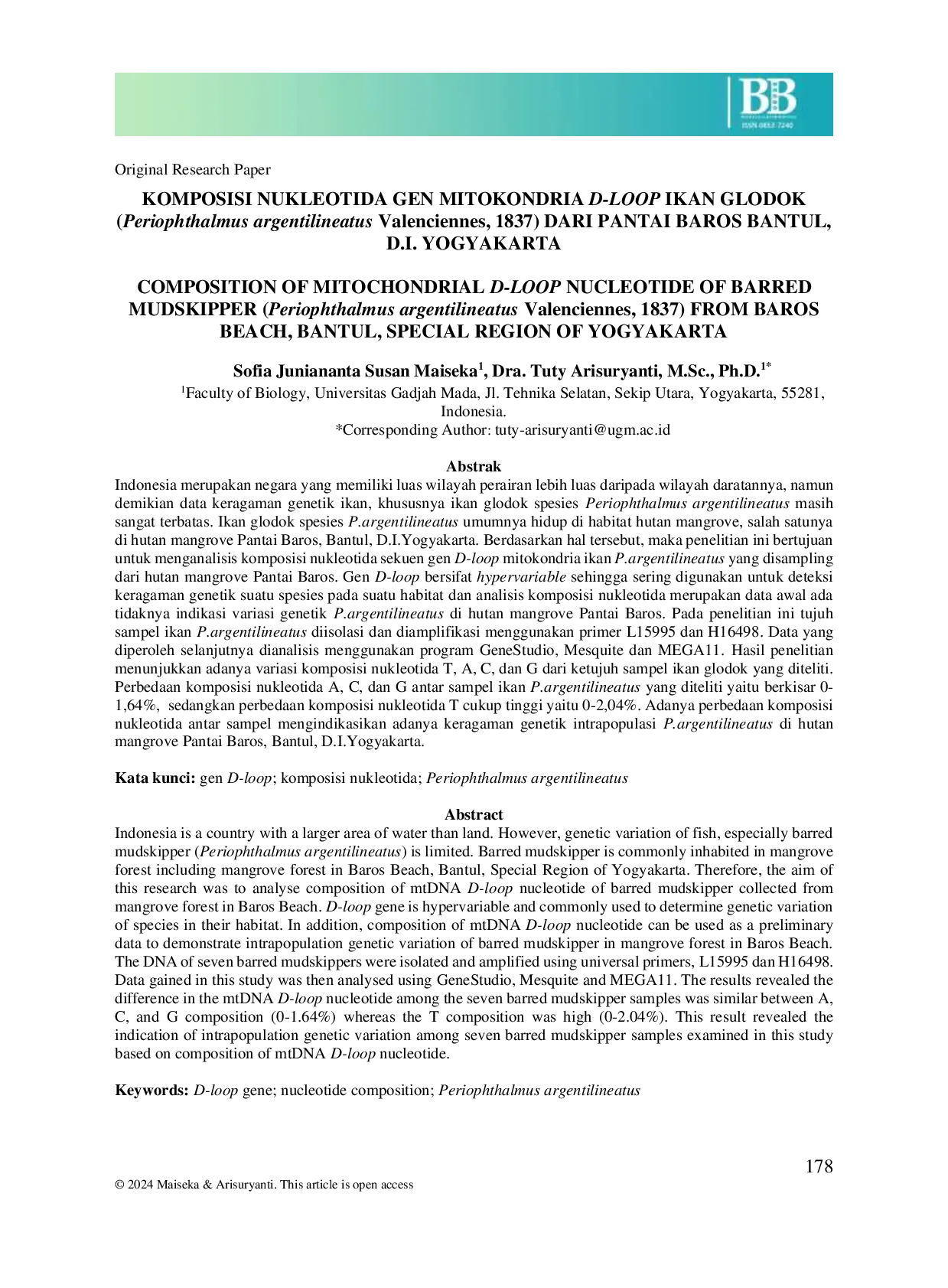 JURIS KOMPOSISI NUKLEOTIDA GEN MITOKONDRIA D LOOP IKAN GLODOK Periophthalmus argentilineatus Valenciennes 1837 DARI PANTAI BAROS BANTUL D I YOGYAKARTA