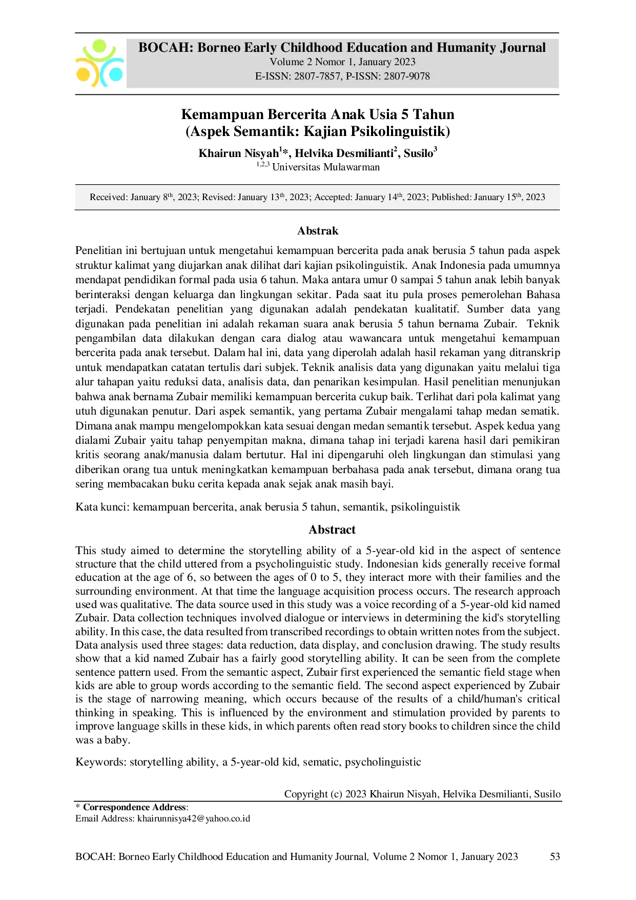 JURIS Kemampuan Bercerita Anak Usia 5 Tahun Aspek Semantik Kajian Psikolinguistik