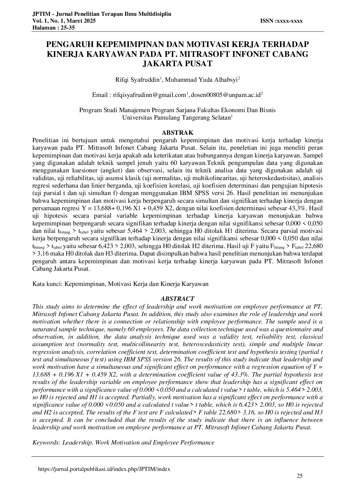 JURIS Pengaruh Kepemimpinan dan Motivasi Kerja Terhadap Kinerja Karyawan pada PT Mitrasoft Infonet Cabang Jakarta Pusat