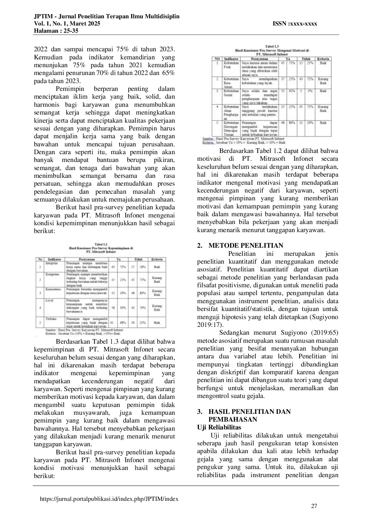 JURIS Pengaruh Kepemimpinan dan Motivasi Kerja Terhadap Kinerja Karyawan pada PT Mitrasoft Infonet Cabang Jakarta Pusat