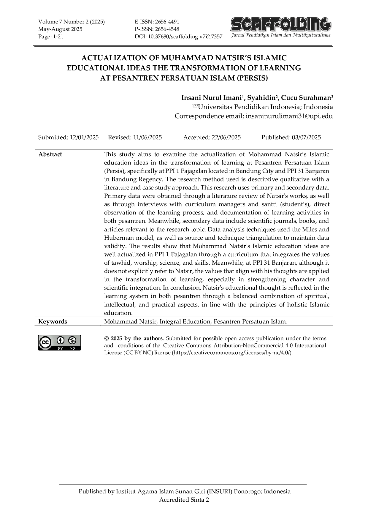 JURIS Actualization of Muhammad Natsir s Islamic Educational Ideas the Transformation of Learning at Pesantren Persatuan Islam PERSIS