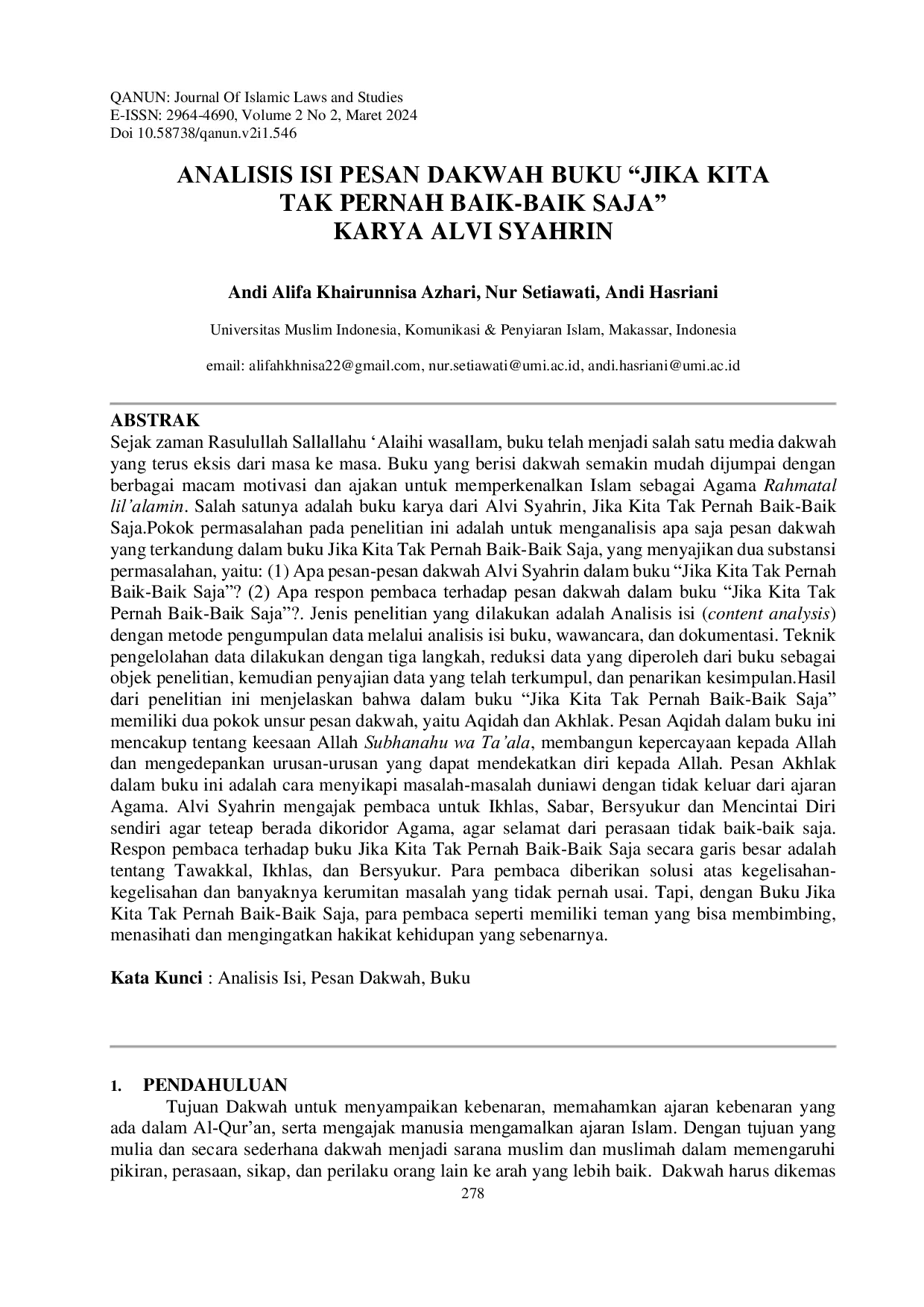 JURIS Analisis Isi Pesan Dakwah Buku Jika Kita Tak Pernah Baik Baik Saja Karya Alvi Syahrin