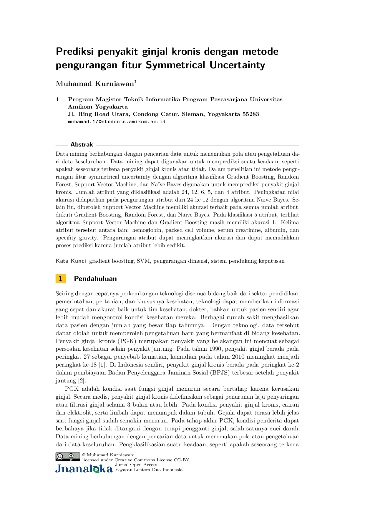 JURIS Prediksi penyakit ginjal kronis menggunakan metode pengurangan fitur Symetrical Uncertainty