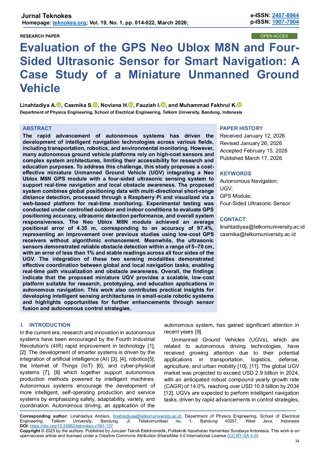 JURIS Evaluation of the GPS Neo Ublox M8N and Four Sided Ultrasonic Sensor for Smart Navigation A Case Study of a Miniature Unmanned Ground Vehicle