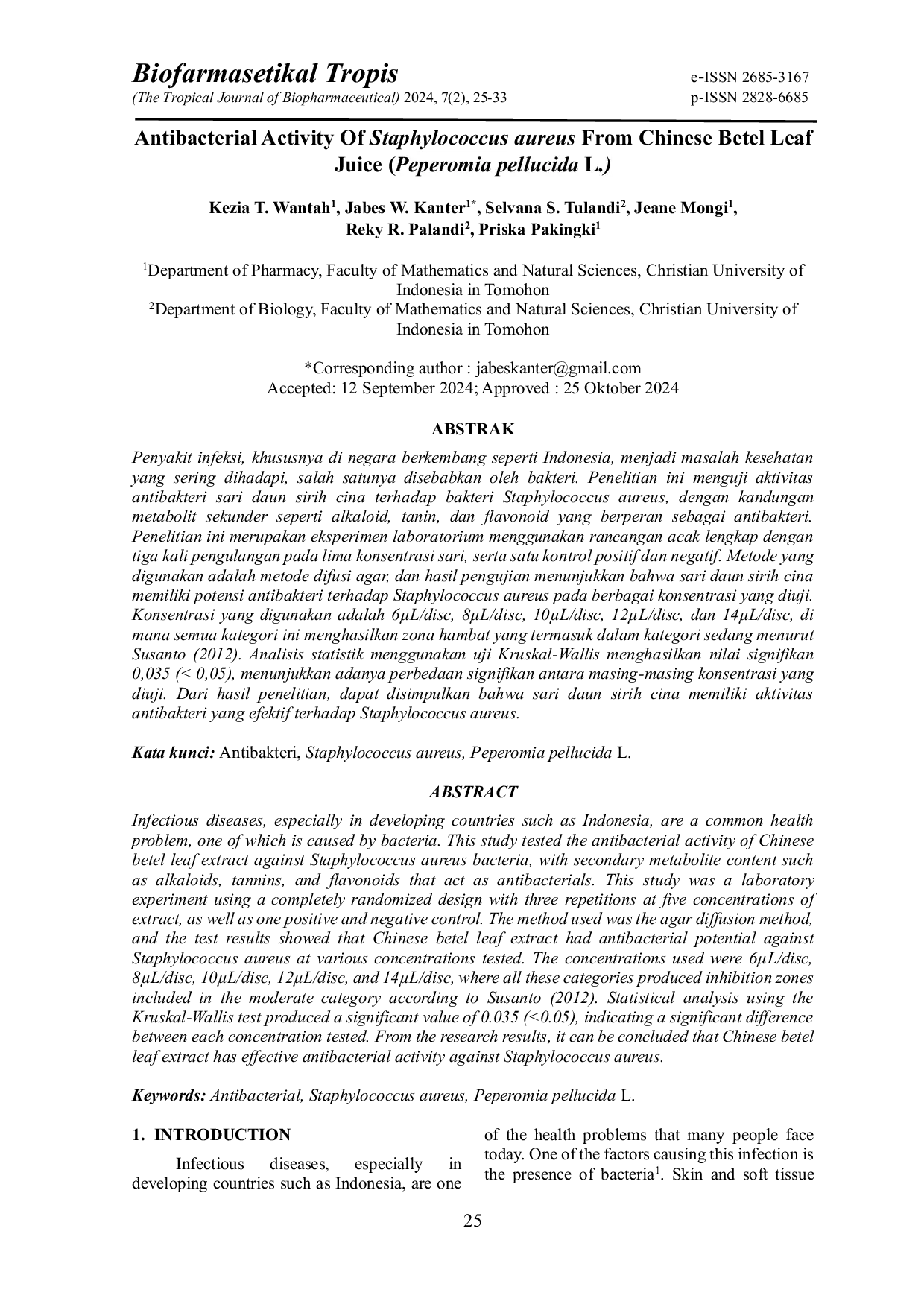 JURIS Antibacterial Activity Of Staphylococcus aureus From Chinese Betel Leaf Juice Peperomia pellucida L