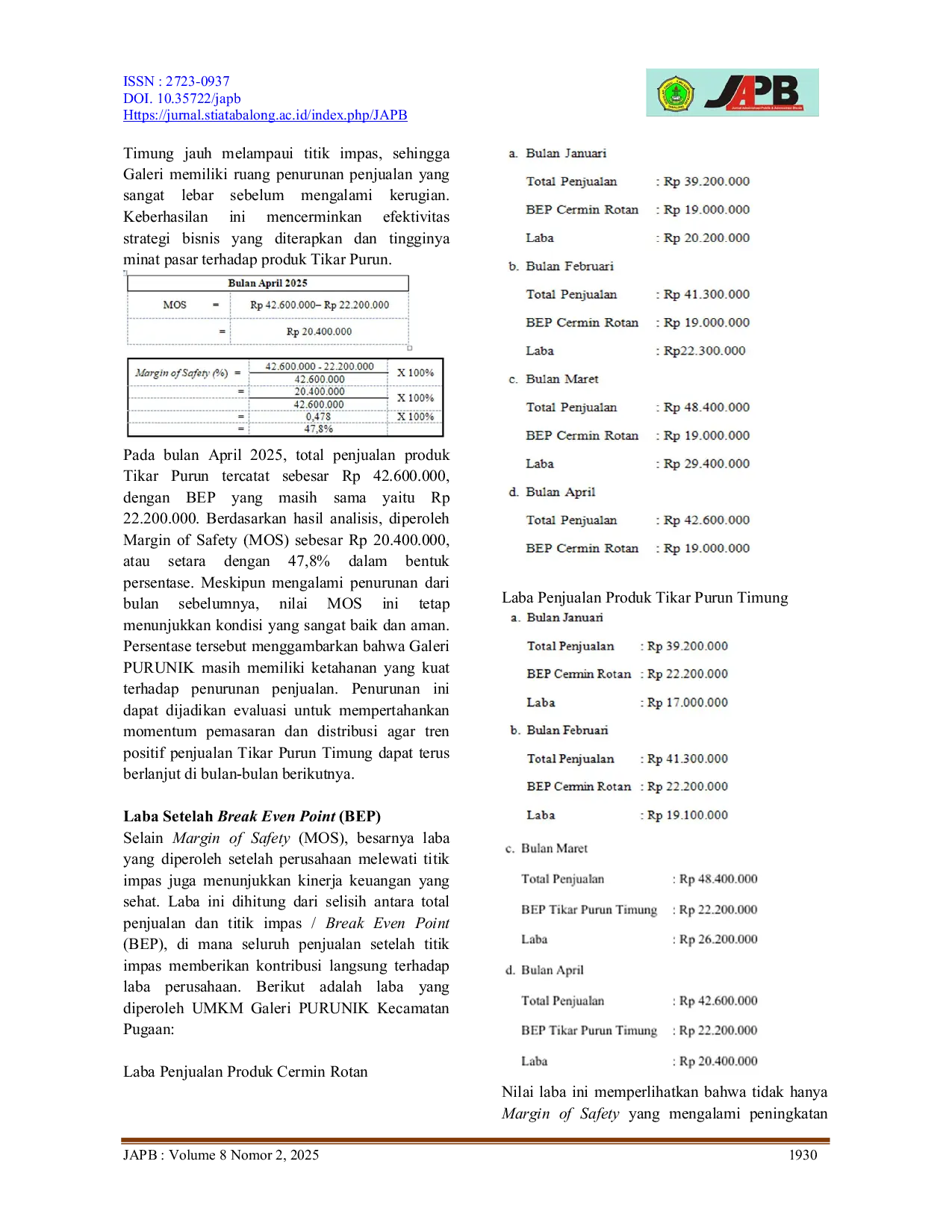JURIS Analisis Break Even Point BEP Sebagai Alat Perencanaan Laba Pada UMKM Galeri Purunik Kecamatan Pugaan Kabupaten Tabalong