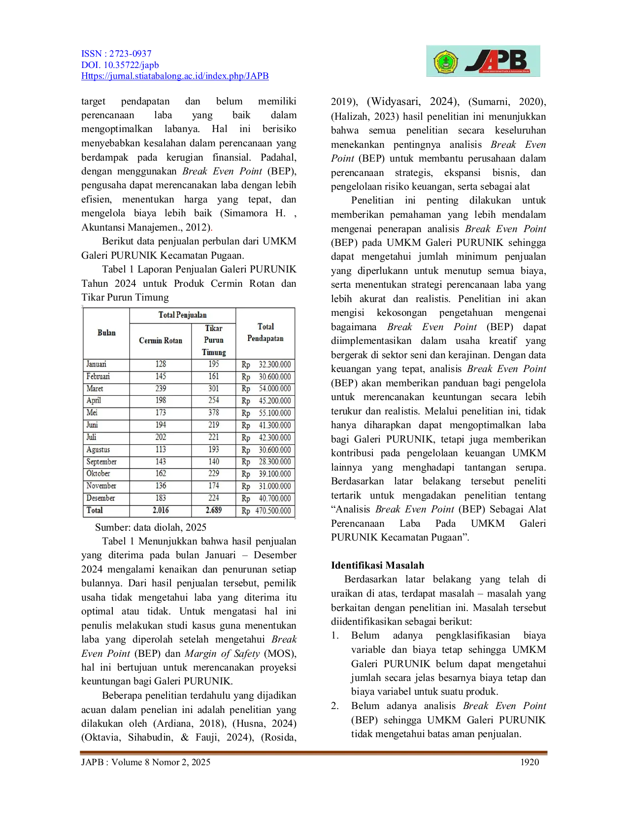 JURIS Analisis Break Even Point BEP Sebagai Alat Perencanaan Laba Pada UMKM Galeri Purunik Kecamatan Pugaan Kabupaten Tabalong