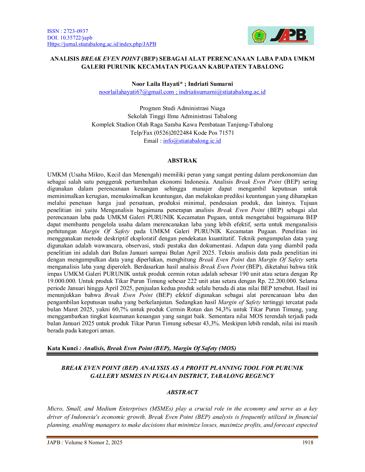 JURIS Analisis Break Even Point BEP Sebagai Alat Perencanaan Laba Pada UMKM Galeri Purunik Kecamatan Pugaan Kabupaten Tabalong