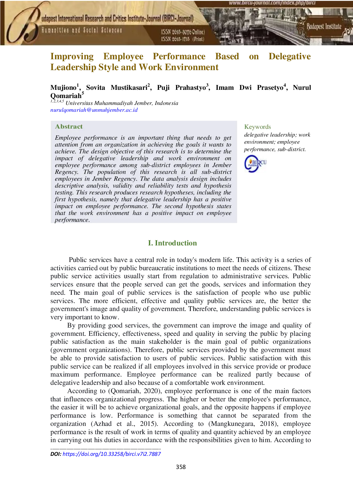 juris Improving Employee Performance Based on Delegative Leadership Style and Work Environment