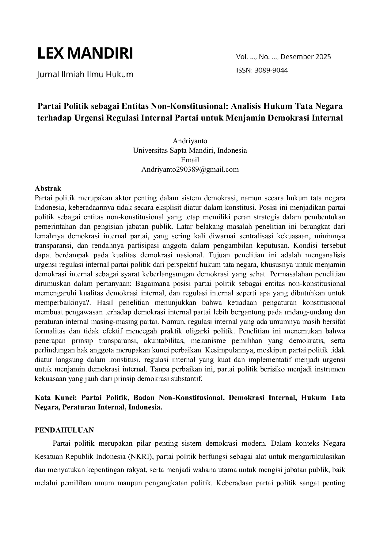JURIS Partai Politik sebagai Entitas Non Konstitusional Analisis Hukum Tata Negara terhadap Urgensi Regulasi Internal Partai untuk Menjamin Demokrasi Internal
