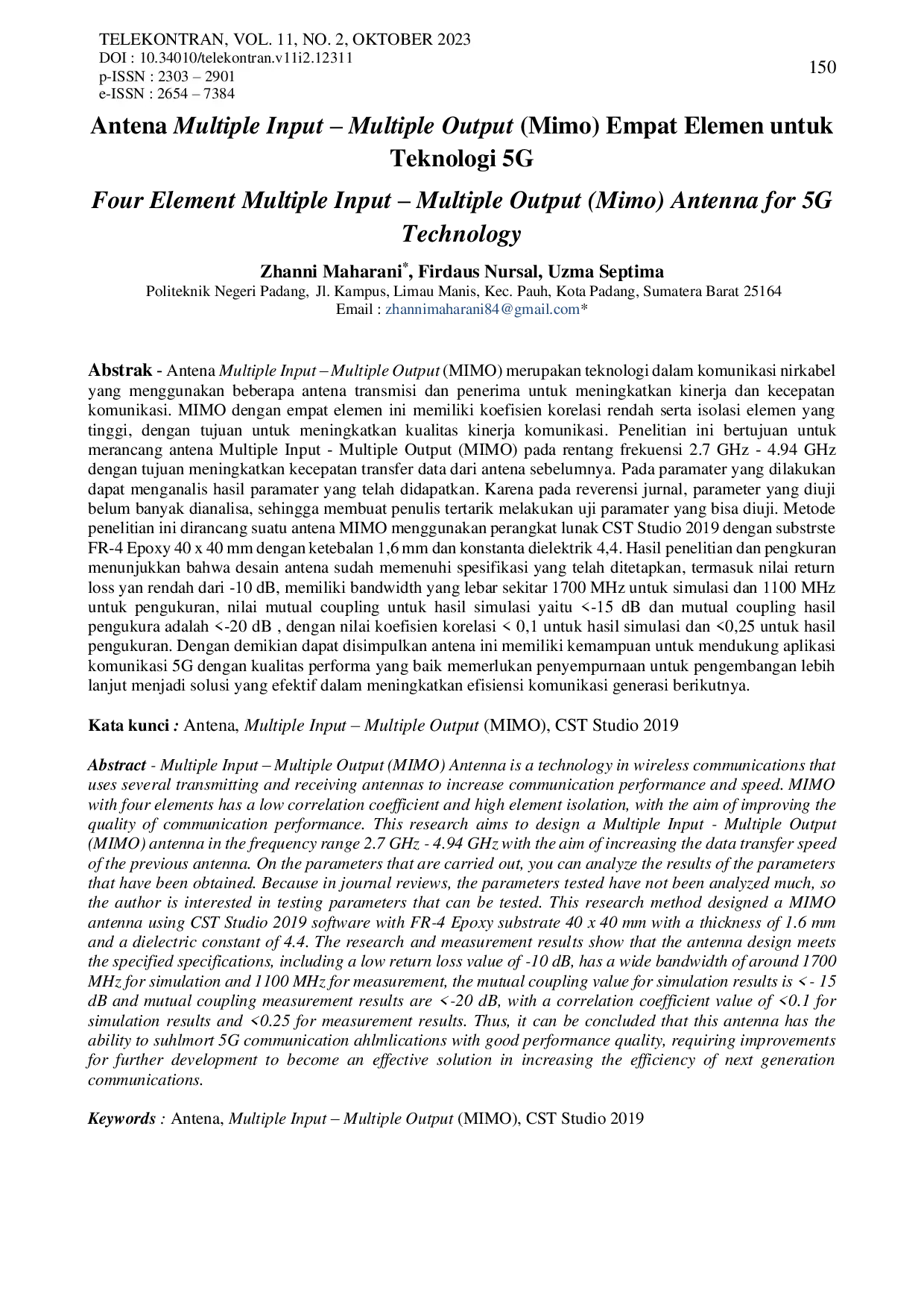 JURIS Antena Multiple Input Multiple Output Mimo Empat Elemen untuk Teknologi 5G