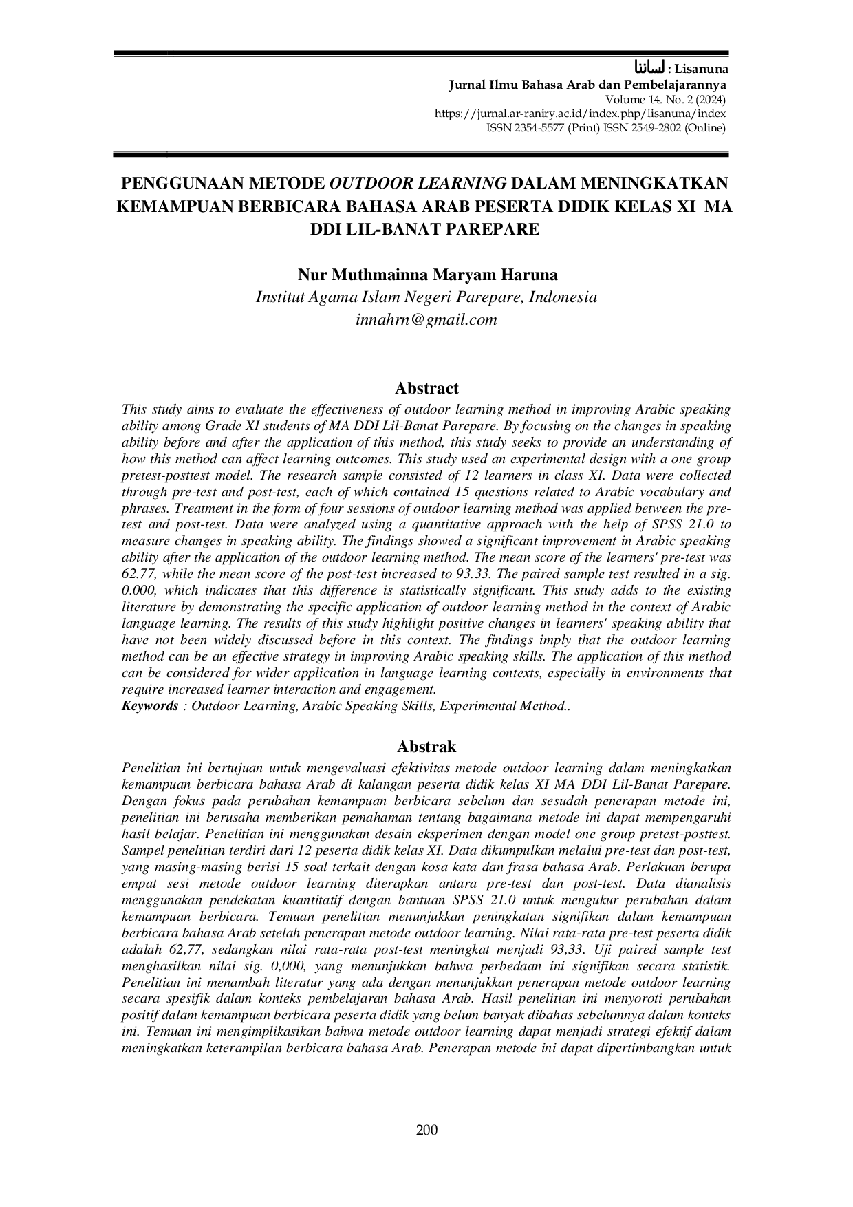 JURIS Penggunaan Metode Outdoor Learning dalam Meningkatkan Kemampuan Berbicara Bahasa Arab Peserta Didik Kelas XI MA DDI Lil Banat Parepare