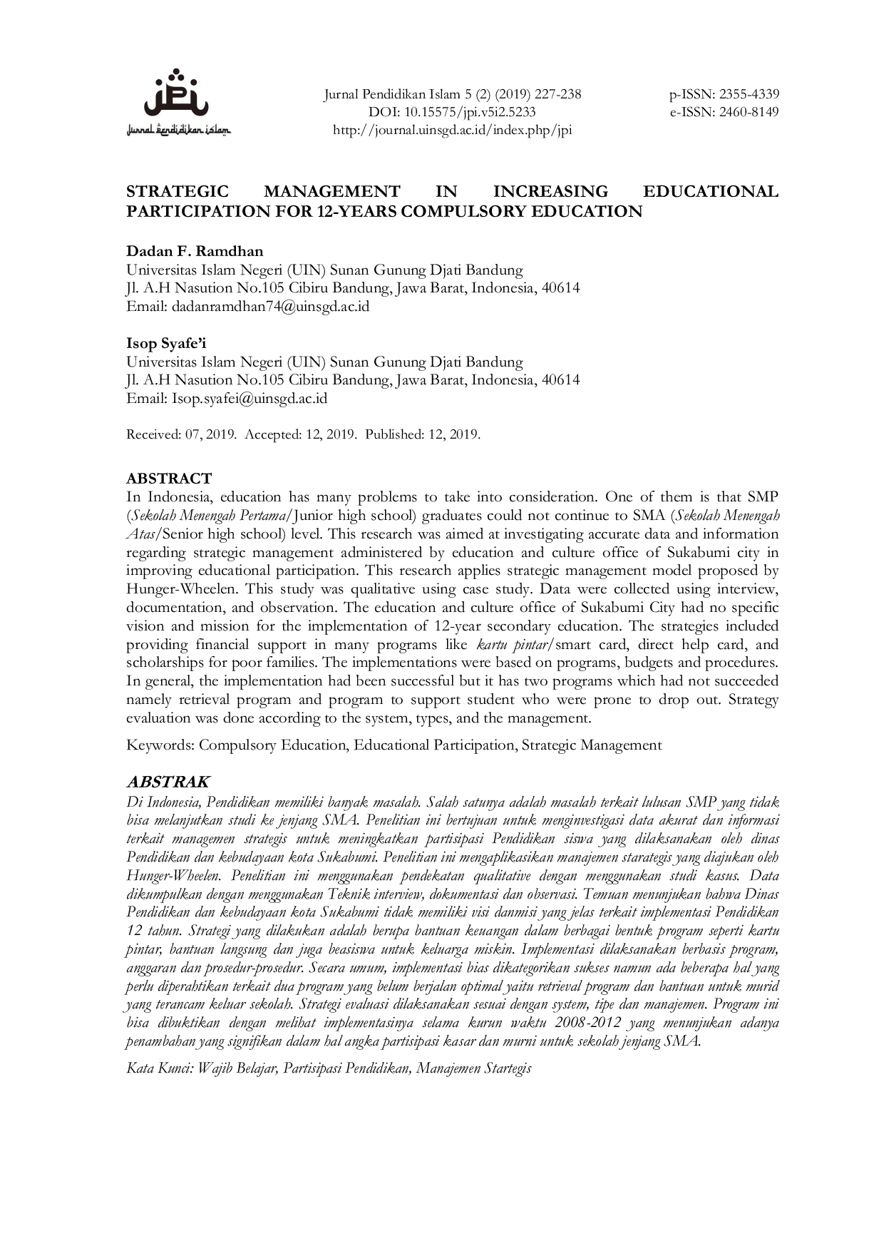 JURIS Strategic Management in Increasing Educational Participation for 12 year Compulsory Education