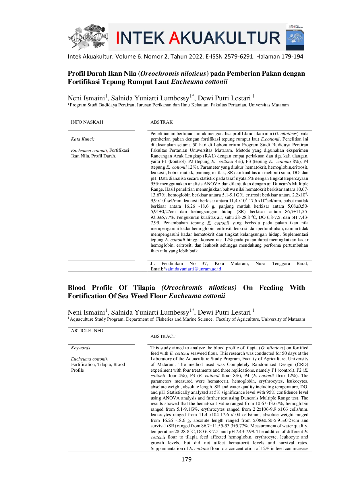 JURIS Profil Darah Ikan Nila Oreochromis Niloticus pada Pemberian Pakan dengan Fortifikasi Tepung Rumput Laut Eucheuma cottonii