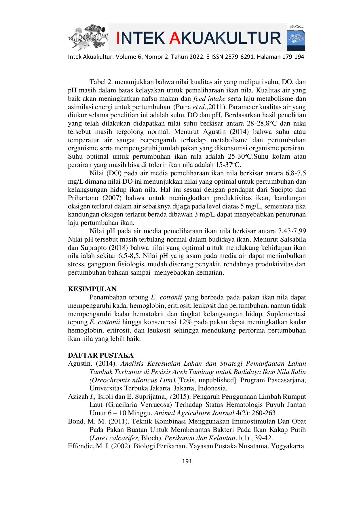 JURIS Profil Darah Ikan Nila Oreochromis Niloticus pada Pemberian Pakan dengan Fortifikasi Tepung Rumput Laut Eucheuma cottonii