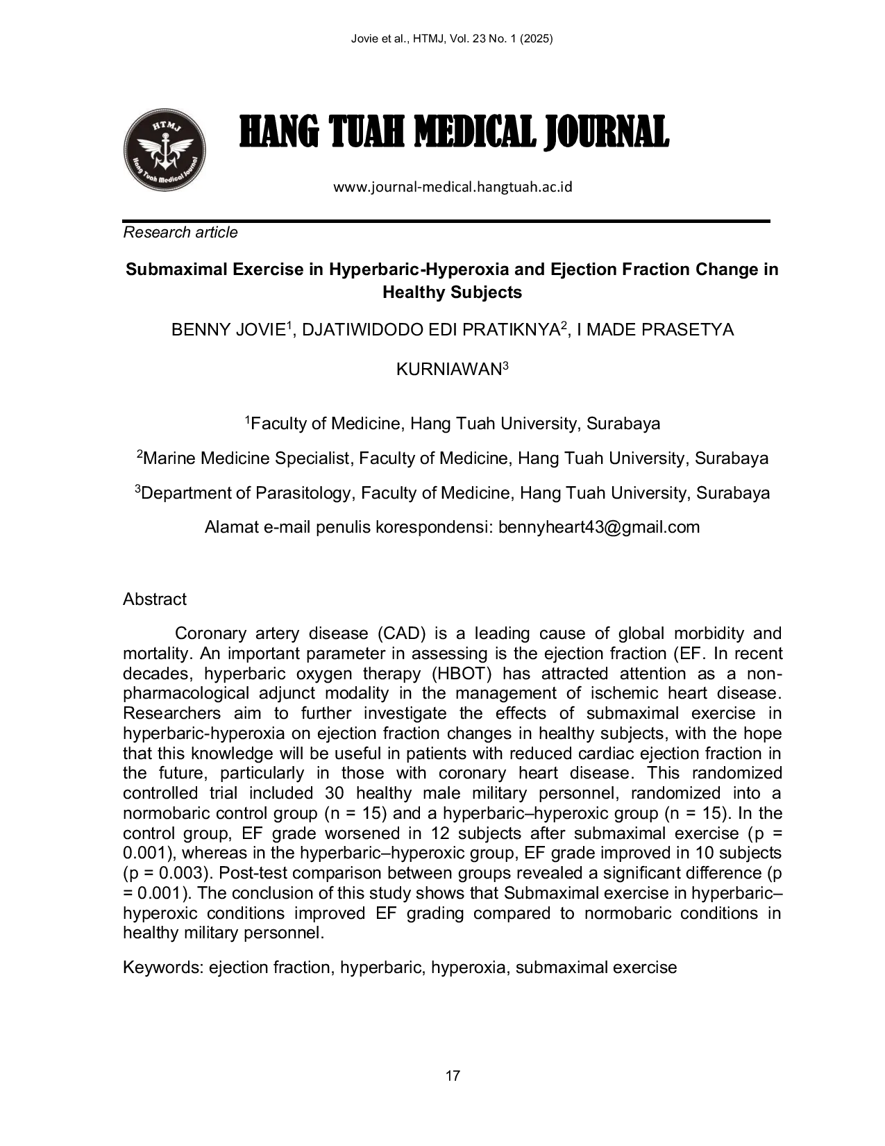 JURIS Submaximal Exercise in Hyperbaric Hyperoxia and Ejection Fraction Change in Healthy Subjects