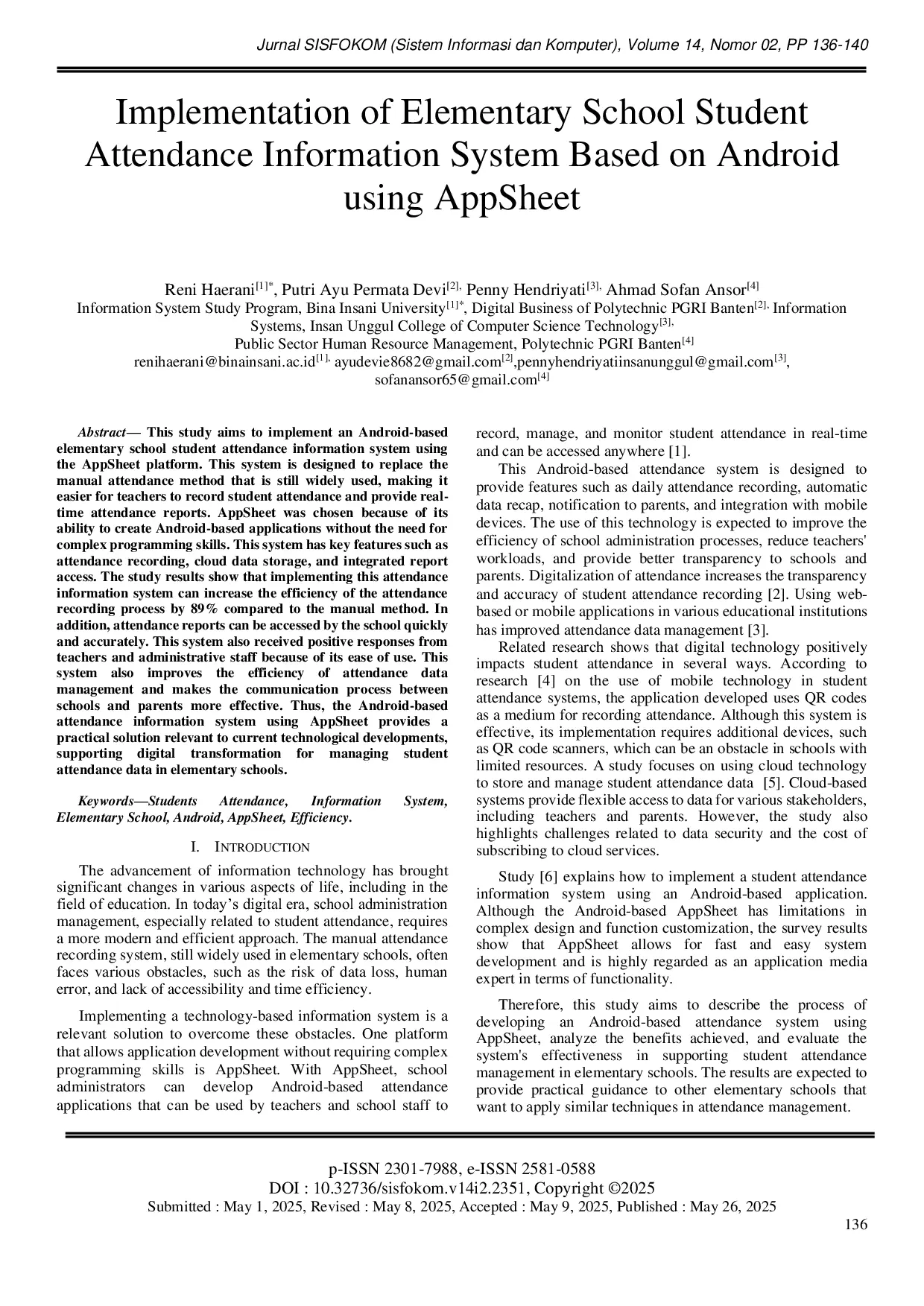 JURIS Implementation of Elementary School Student Attendance Information System Based on Android using AppSheet