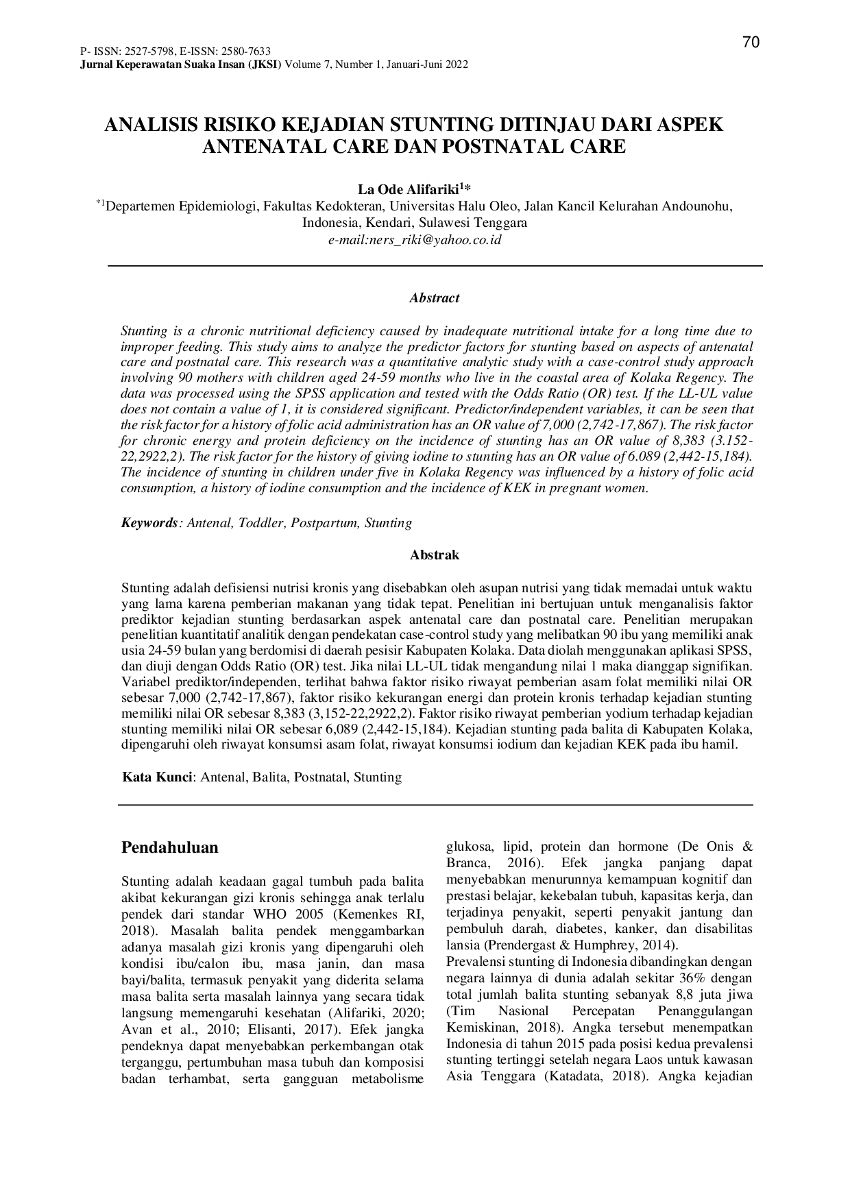 JURIS Analisis Risiko Kejadian Stunting Ditinjau Dari Aspek Antenatal Care Dan Postnatal Care