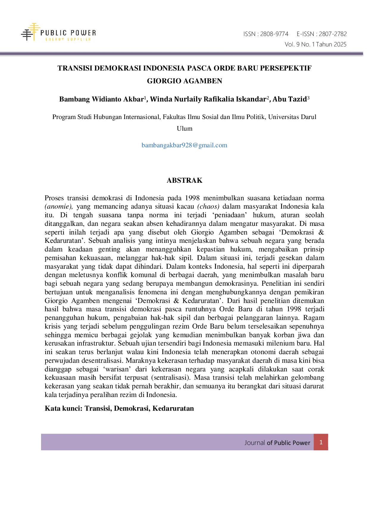 JURIS Transisi Demokrasi Indonesia Pasca Orde Baru Persepektif Giorgio Agamben