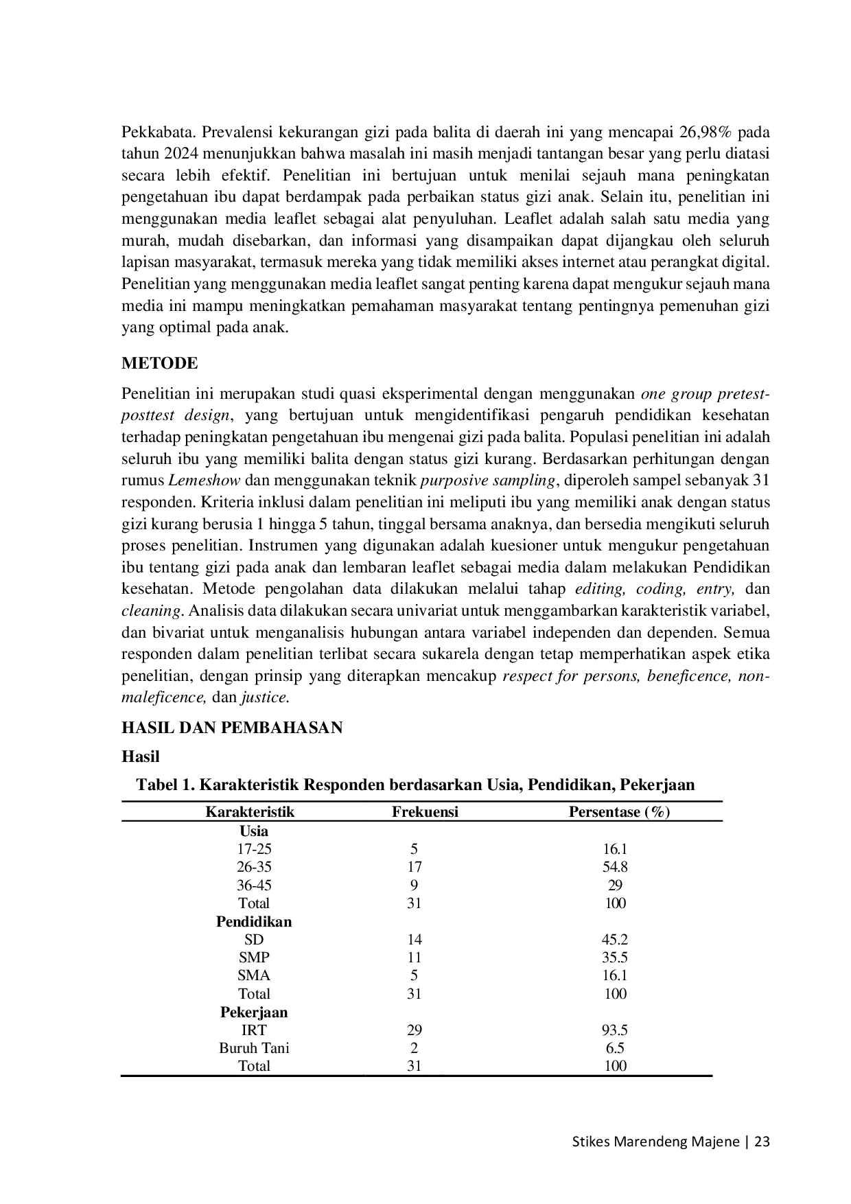 JURIS Pengaruh Pendidikan Kesehatan Terhadap Pengetahuan Ibu Yang Memiliki Balita Dengan Gizi Kurang Di Wilayah Kerja Puskesmas Pekkabata