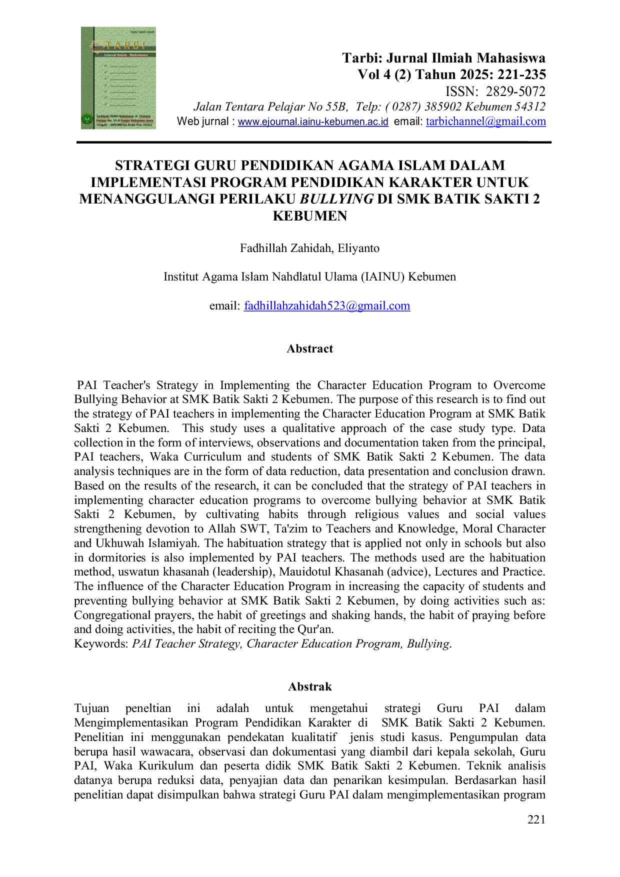 JURIS Strategi Guru Pendidikan Agama Islam dalam Implementasi Program Pendidikan Karakter untuk Menanggulangi Perilaku Bullying di SMK Batik Sakti 2 Kebumen
