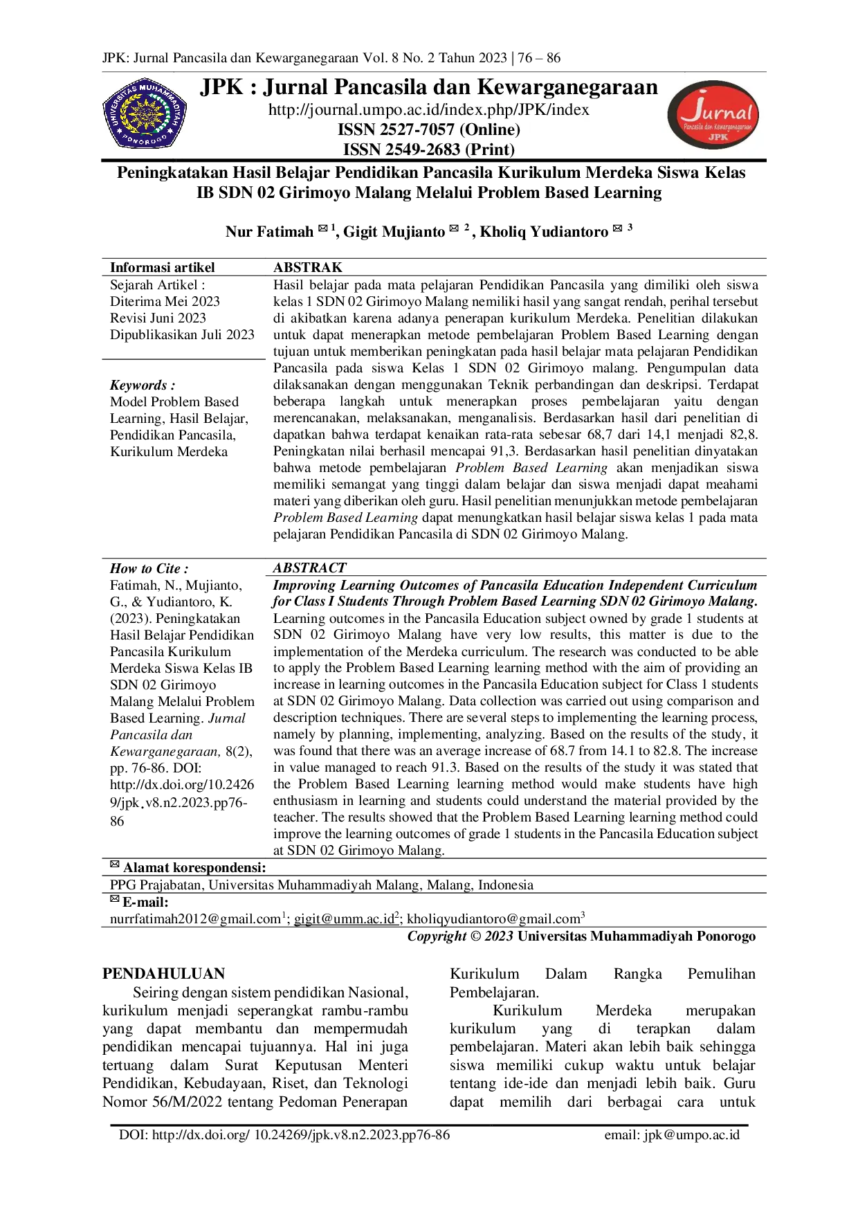 JURIS Peningkatakan Hasil Belajar Pendidikan Pancasila Kurikulum Merdeka Siswa Kelas IB SDN 02 Girimoyo Malang Melalui Problem Based Learning
