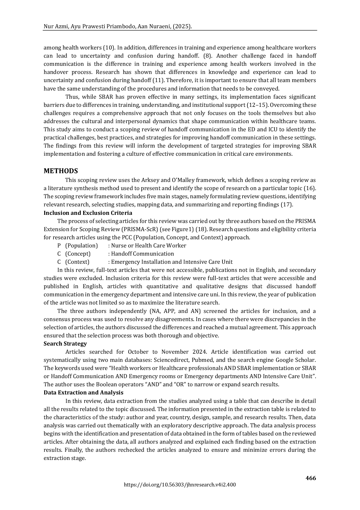 JURIS Analysis of Handoff Communication Using SBAR Situation Background Assessment Recommendation in Emergency Department and Intensive Care Unit A Scoping Review