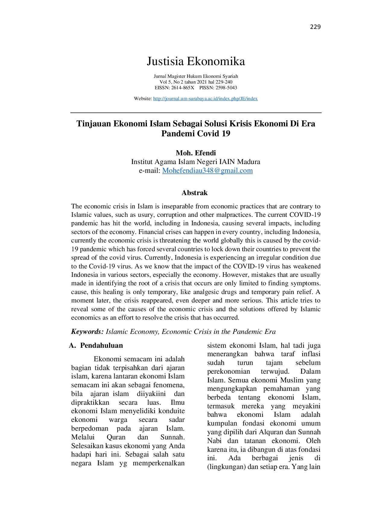 JURIS Tinjauan Ekonomi Islam Sebagi Solusi Krisis Ekonomi Di Era Pandemi Covid 19