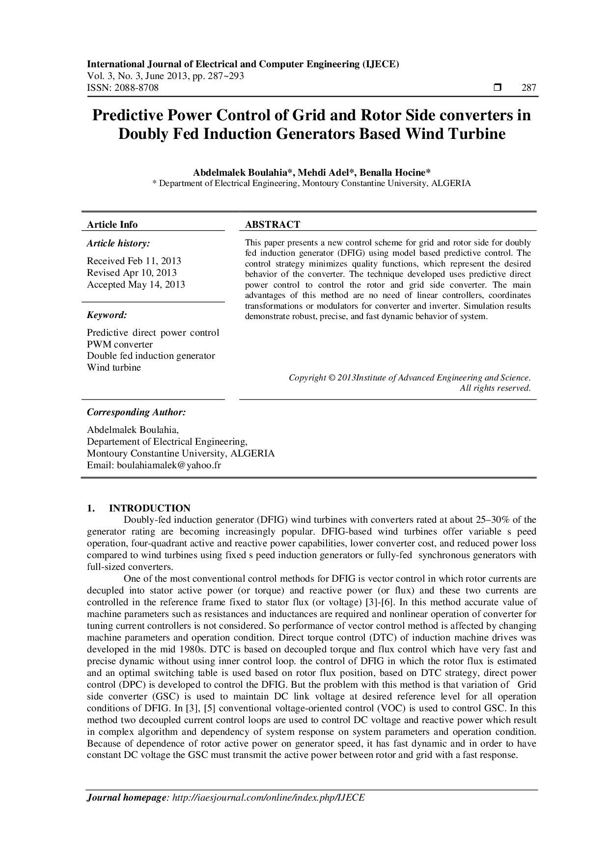 JURIS Predictive Power Control of Grid and Rotor Side converters in Doubly Fed Induction Generators Based Wind Turbine