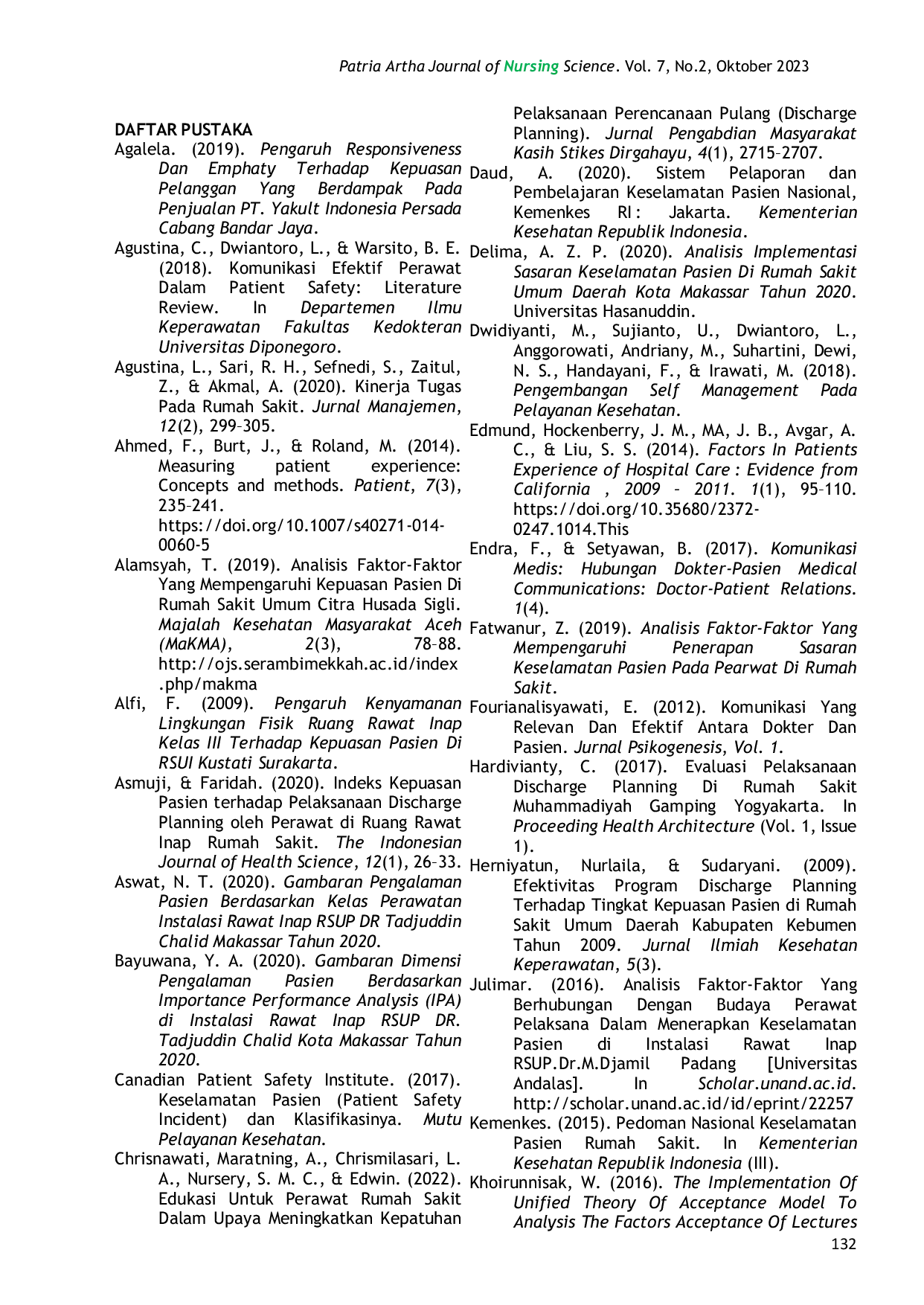 JURIS Analisis Pengaruh Patient Experience Terhadap Pelaksanaan Patient Safety di Ruang Rawat Inap Rumah Sakit Bhayangkara Makassar Tahun 2023