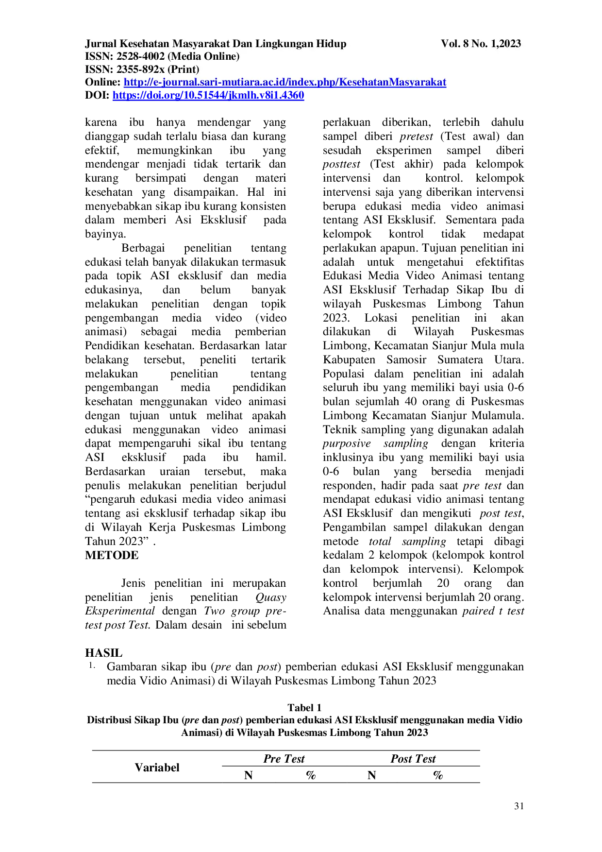 JURIS Pengaruh Edukasi Media Vidio Animasi tentang ASI Eksklusif terhadap Sikap Ibu di Wilayah Puskesmas Limbong Tahun 2023