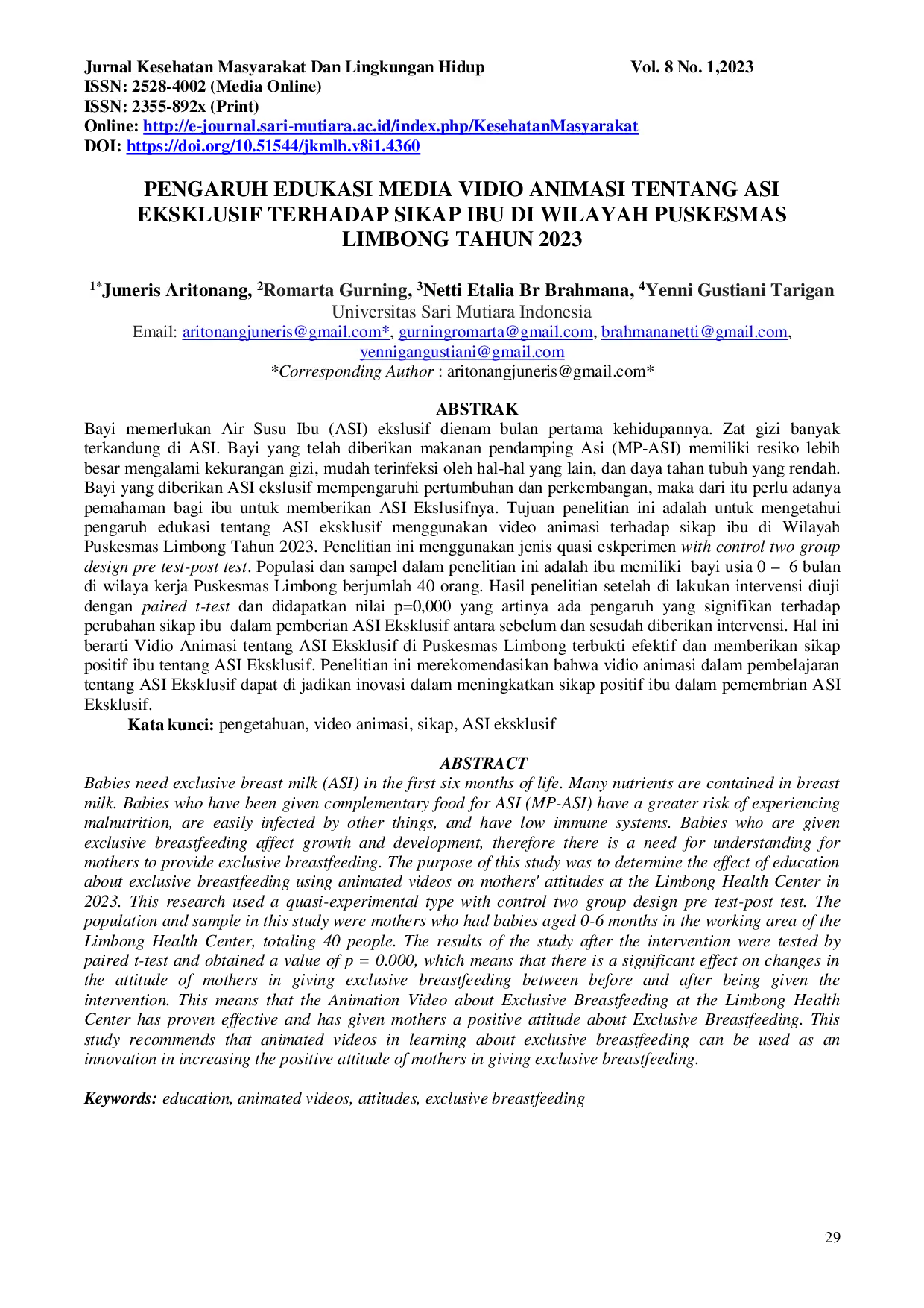 JURIS Pengaruh Edukasi Media Vidio Animasi tentang ASI Eksklusif terhadap Sikap Ibu di Wilayah Puskesmas Limbong Tahun 2023