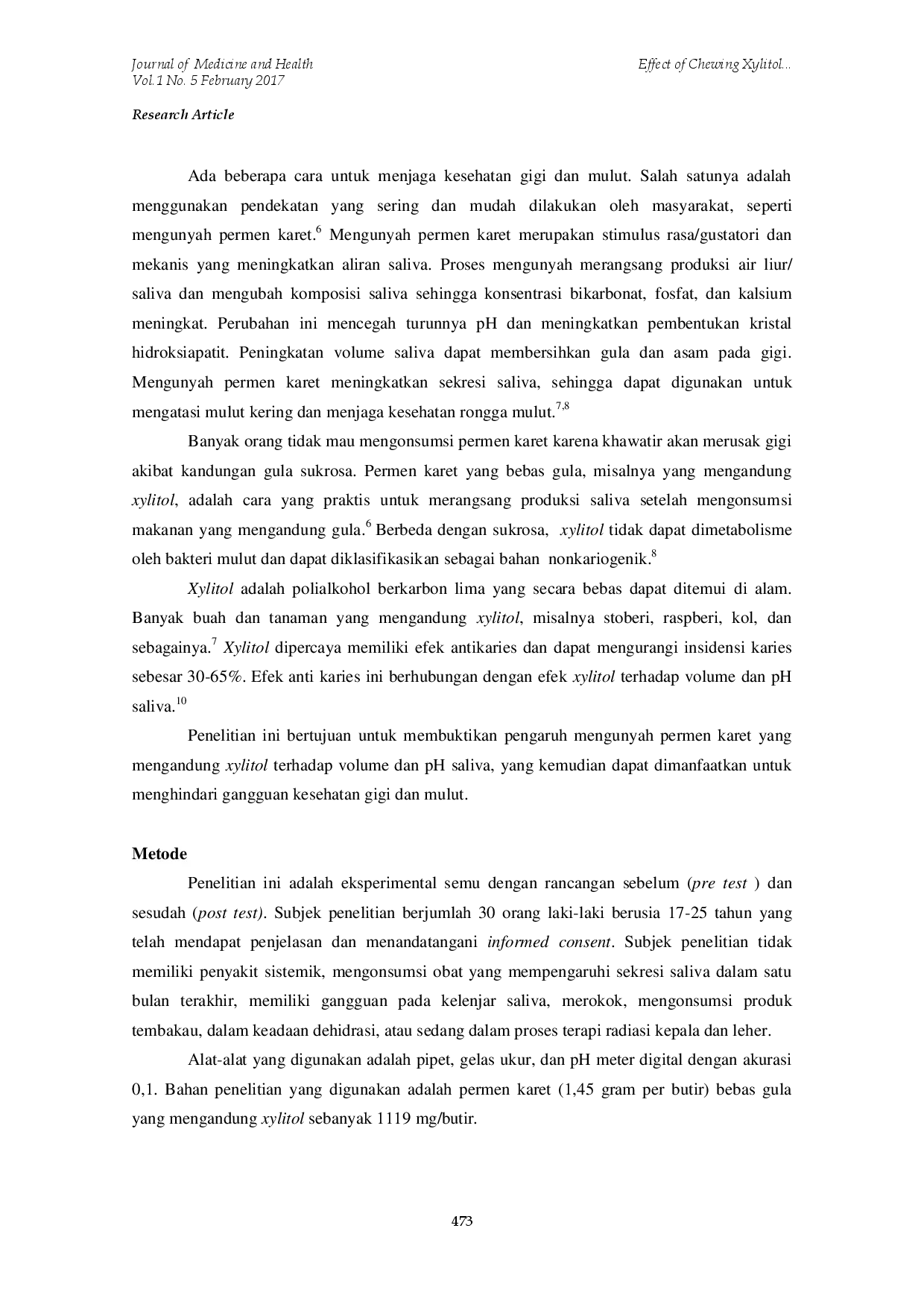 juris Effect of Chewing Xylitol Gum on Salivary Volume and Acidity