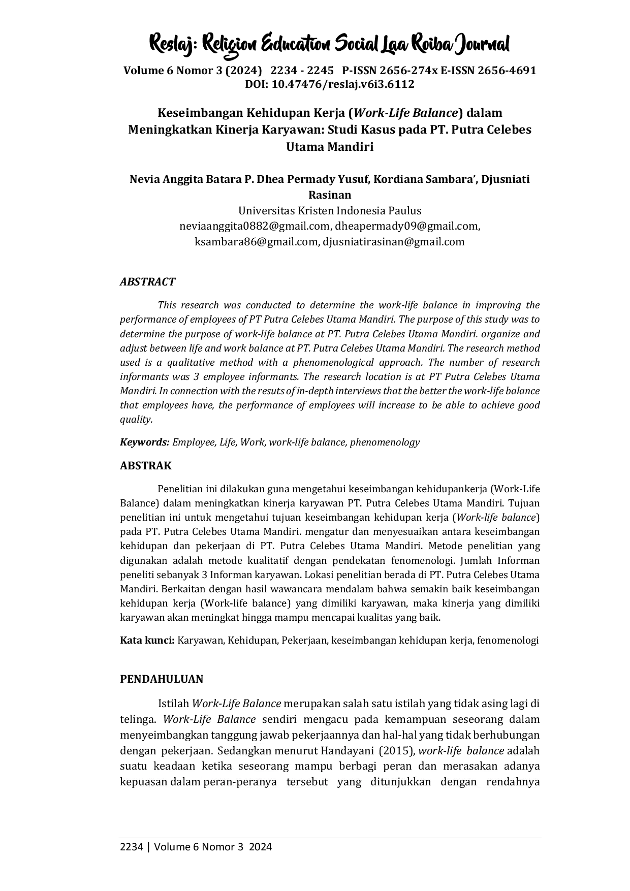 JURIS Keseimbangan Kehidupan Kerja Work Life Balance dalam Meningkatkan Kinerja Karyawan Studi Kasus pada PT Putra Celebes Utama Mandiri