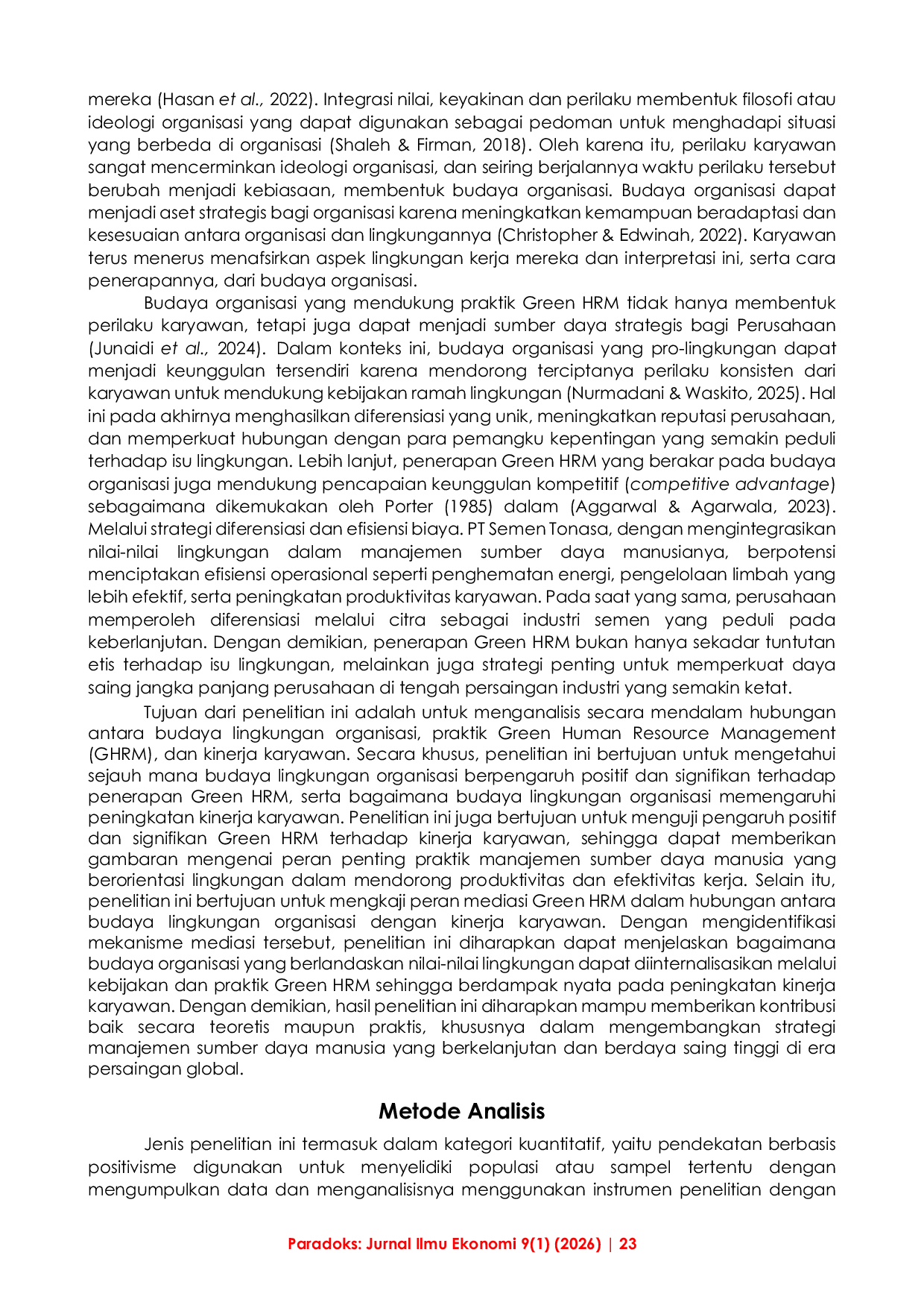 JURIS Peran Mediasi Green Human Resources Management Dalam Hubungan Budaya Lingkungan Organisasi dan Kinerja Karyawan