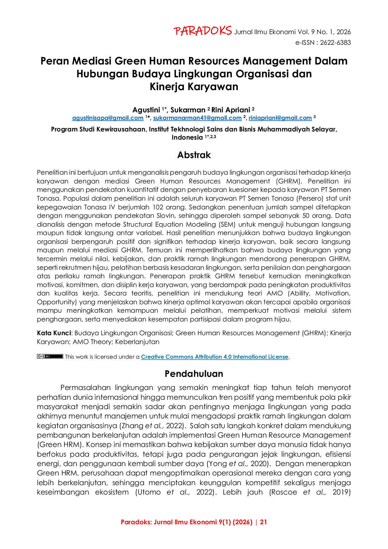 JURIS Peran Mediasi Green Human Resources Management Dalam Hubungan Budaya Lingkungan Organisasi dan Kinerja Karyawan