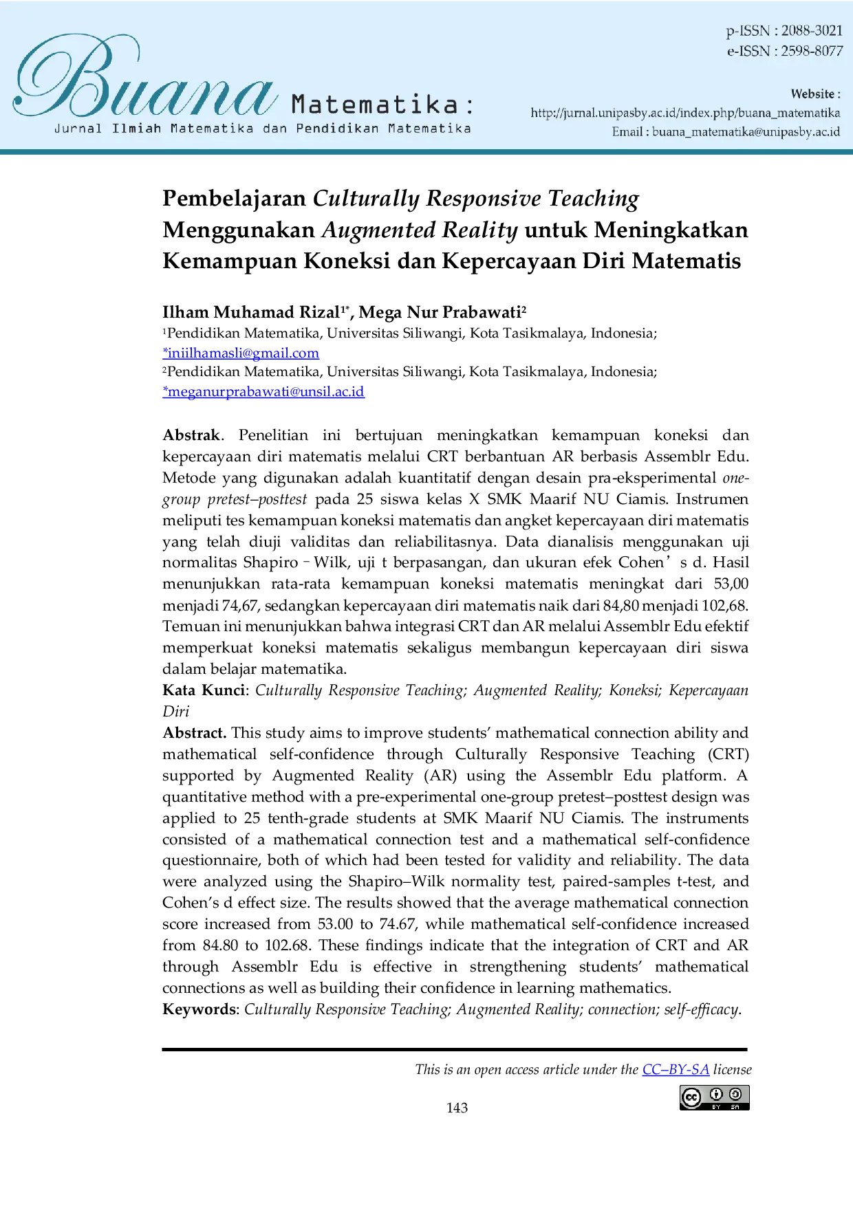 JURIS Pembelajaran Culturally Responsive Teaching Menggunakan Augmented Reality untuk Meningkatkan Kemampuan Koneksi dan Kepercayaan Diri Matematis